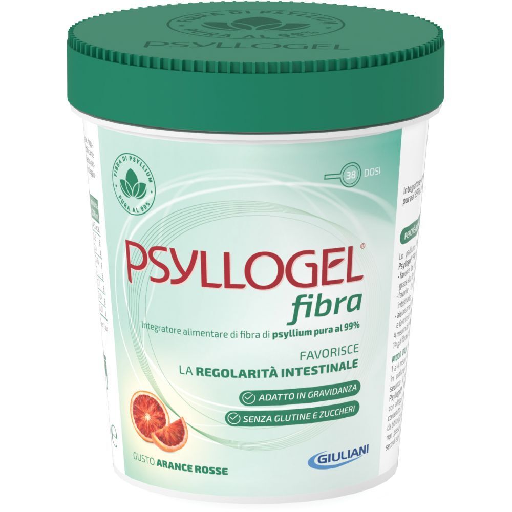 Barattolo bianco con coperchio verde. Scritta: PSYLLOGEL fibra. Gusto: Arancia rossa. Contiene fibre.