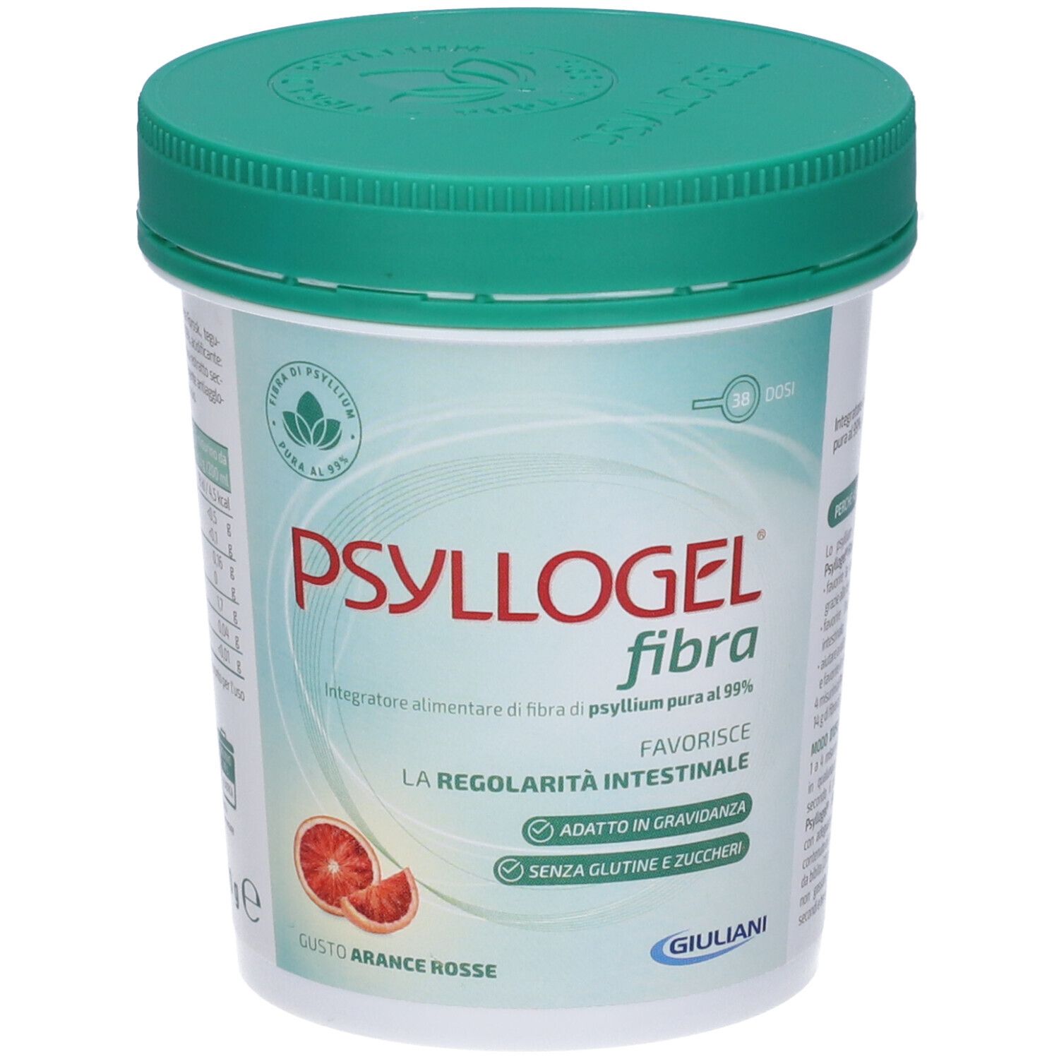 Barattolo bianco con coperchio verde. Scritta: PSYLLOGEL fibra. Contiene 38 porzioni. Logo: Giuliani.