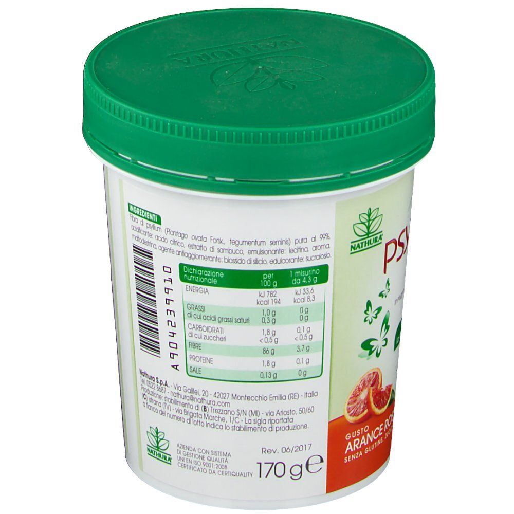 Retro del barattolo bianco con coperchio verde. Informazioni nutrizionali e loghi. Contenuto: 170g.