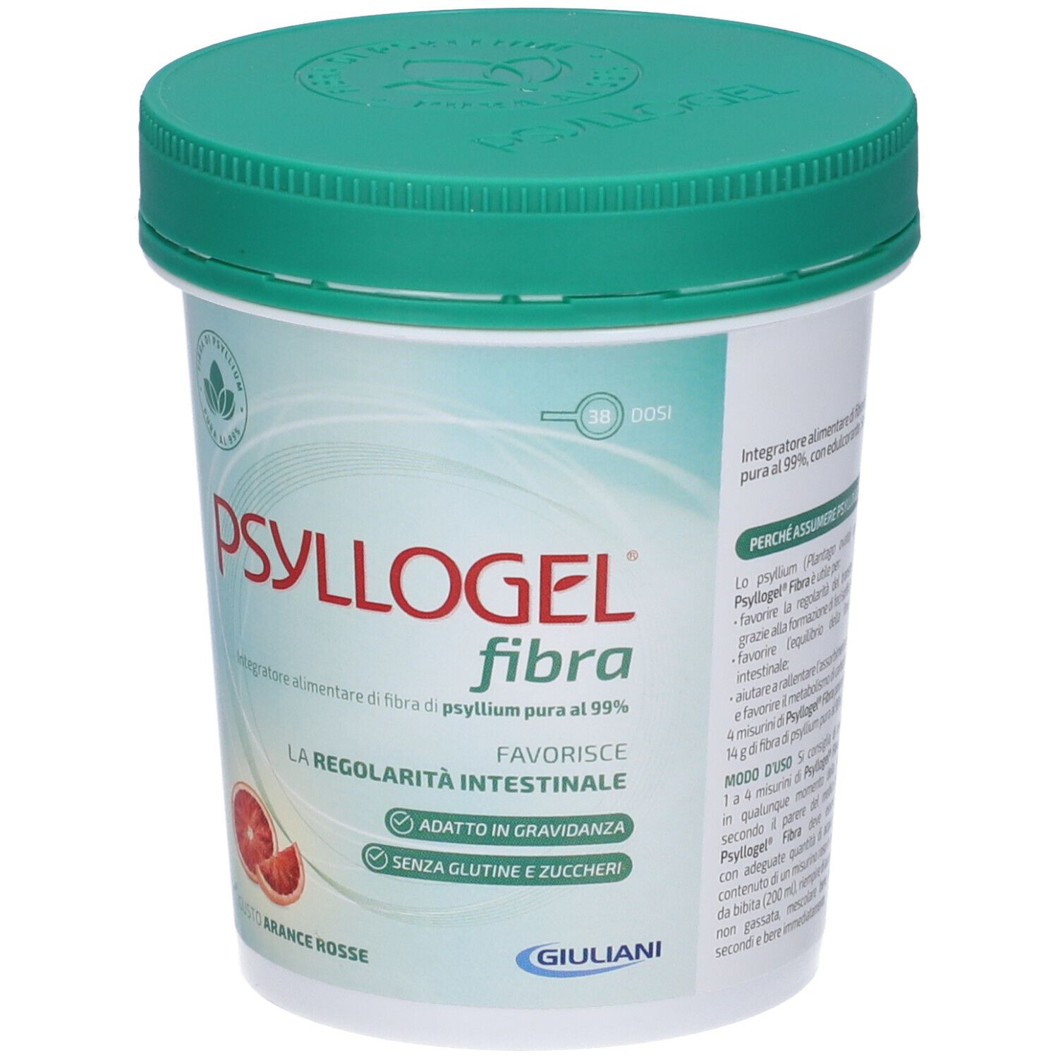 Barattolo bianco con coperchio verde. Scritta: PSYLLOGEL fibra. Gusto: Arancia rossa. Contenuto: 170g.