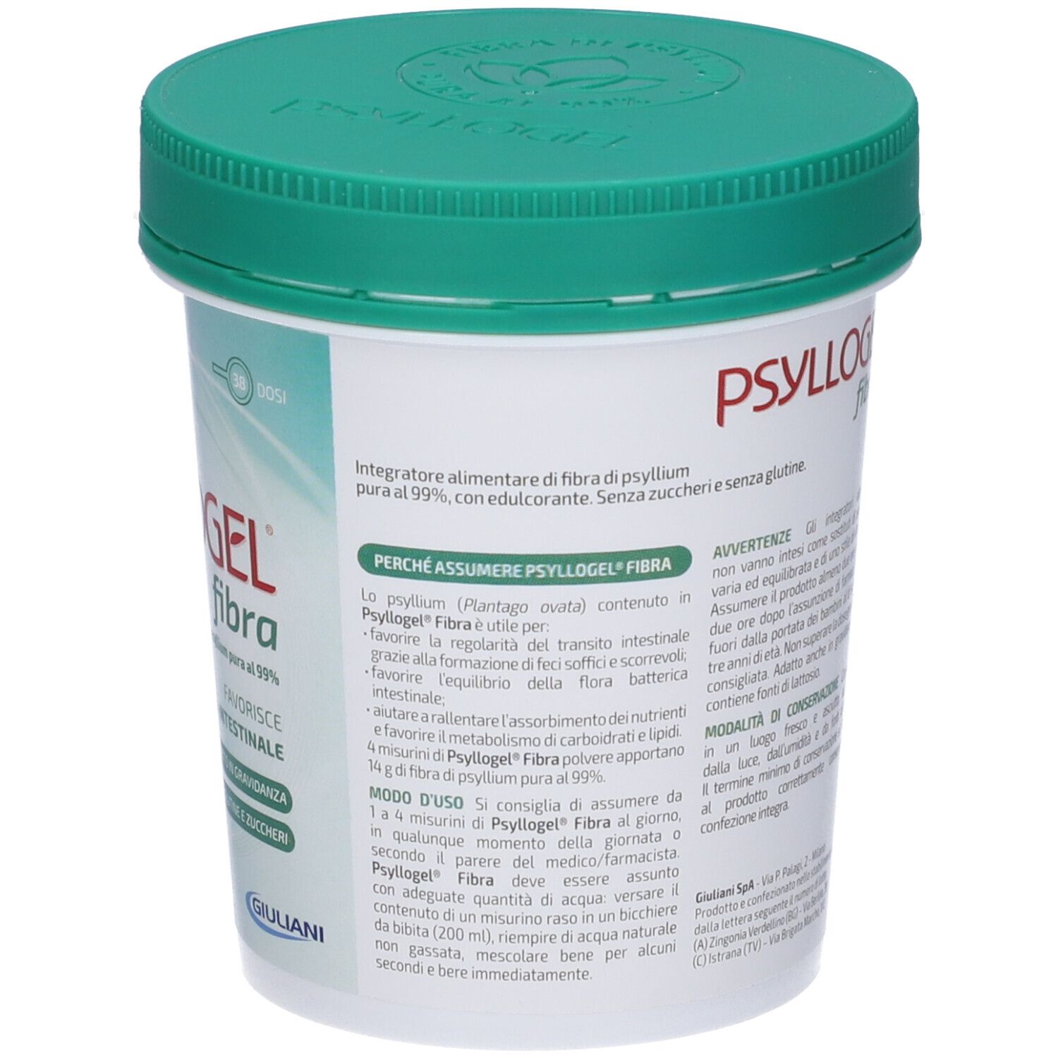 Barattolo bianco con coperchio verde. Scritta: PSYLLOGEL fibra. Testo e loghi. Contiene fibre.