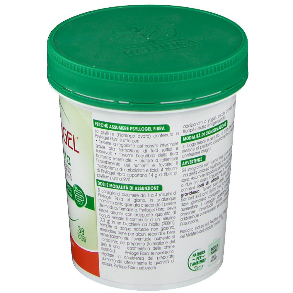 Retro del barattolo bianco con coperchio verde. Informazioni testuali e loghi. Contiene 38 porzioni.