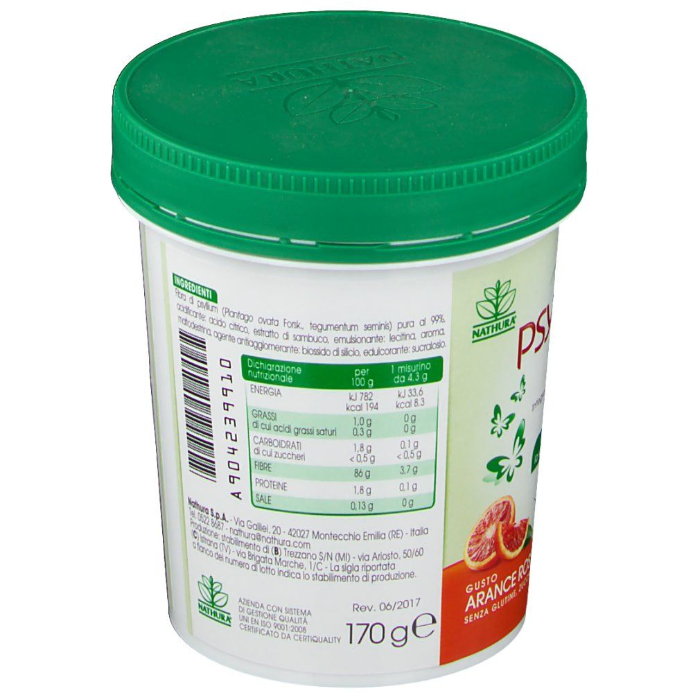 Retro del barattolo bianco con coperchio verde. Informazioni nutrizionali e loghi. Contenuto: 170g.