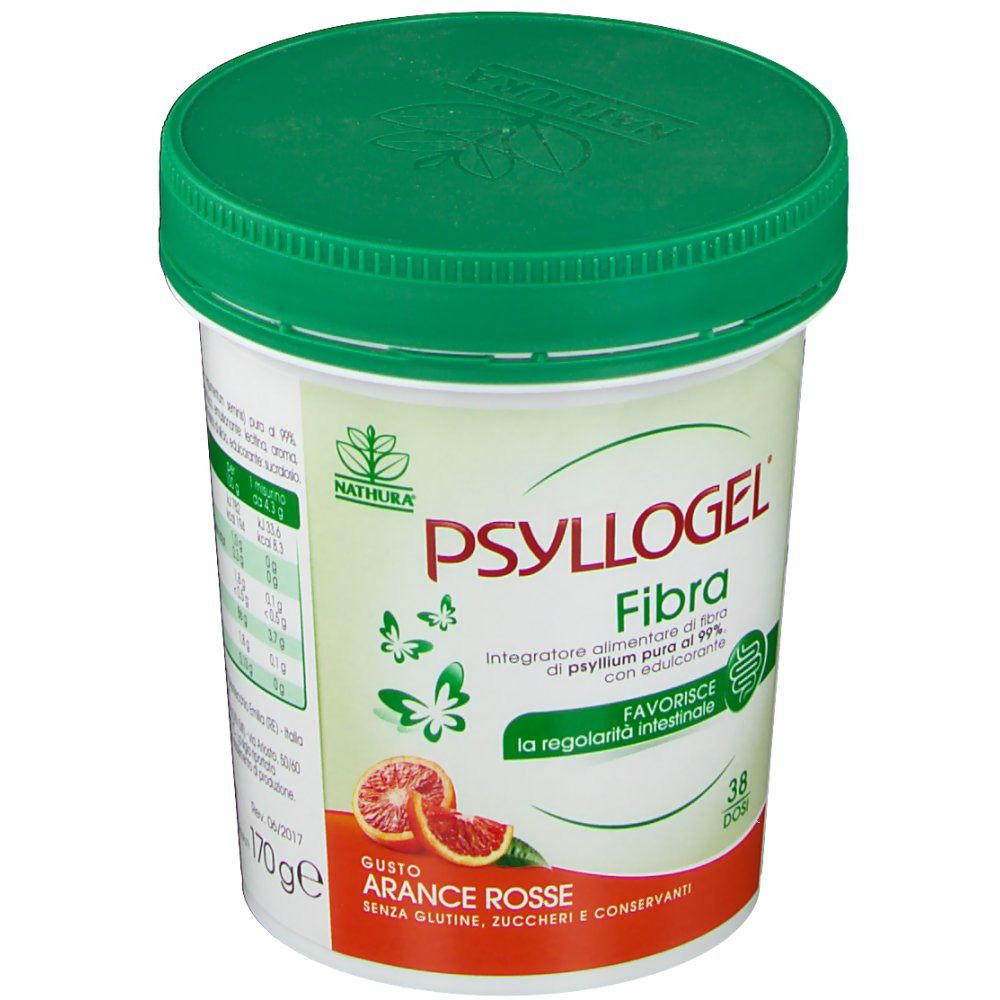 Barattolo bianco con coperchio verde. Scritta: PSYLLOGEL fibra. Gusto: Arancia rossa. Contenuto: 170g.