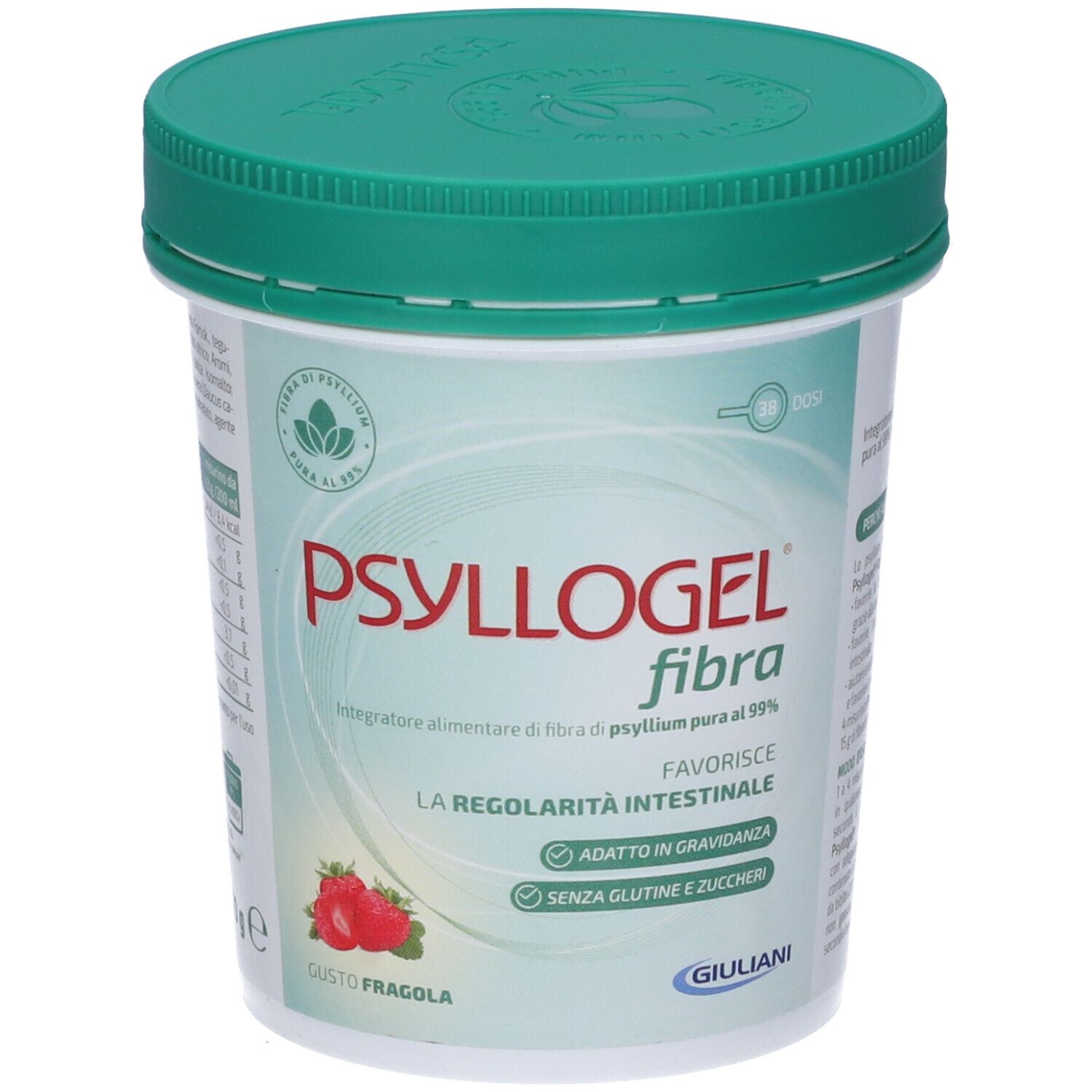 Behälter mit grünem Deckel. Aufschrift PSYLLOGEL fibra, Erdbeer-Abbildung. Text: Favorisce la regolarità intestinale.