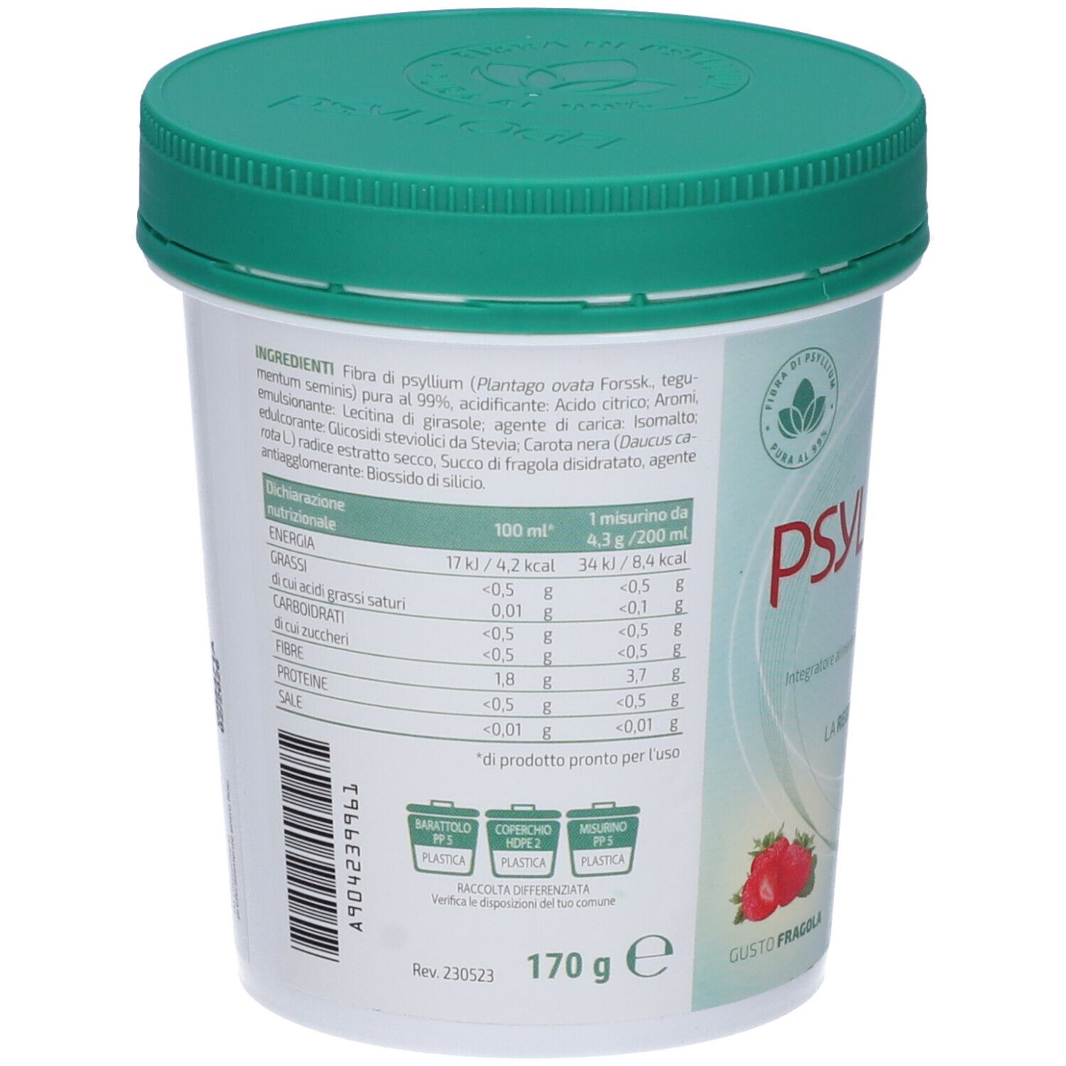Behälter mit grünem Deckel. Rückseite mit Zutatenliste und Nährwertangaben. Gewicht: 170 g.