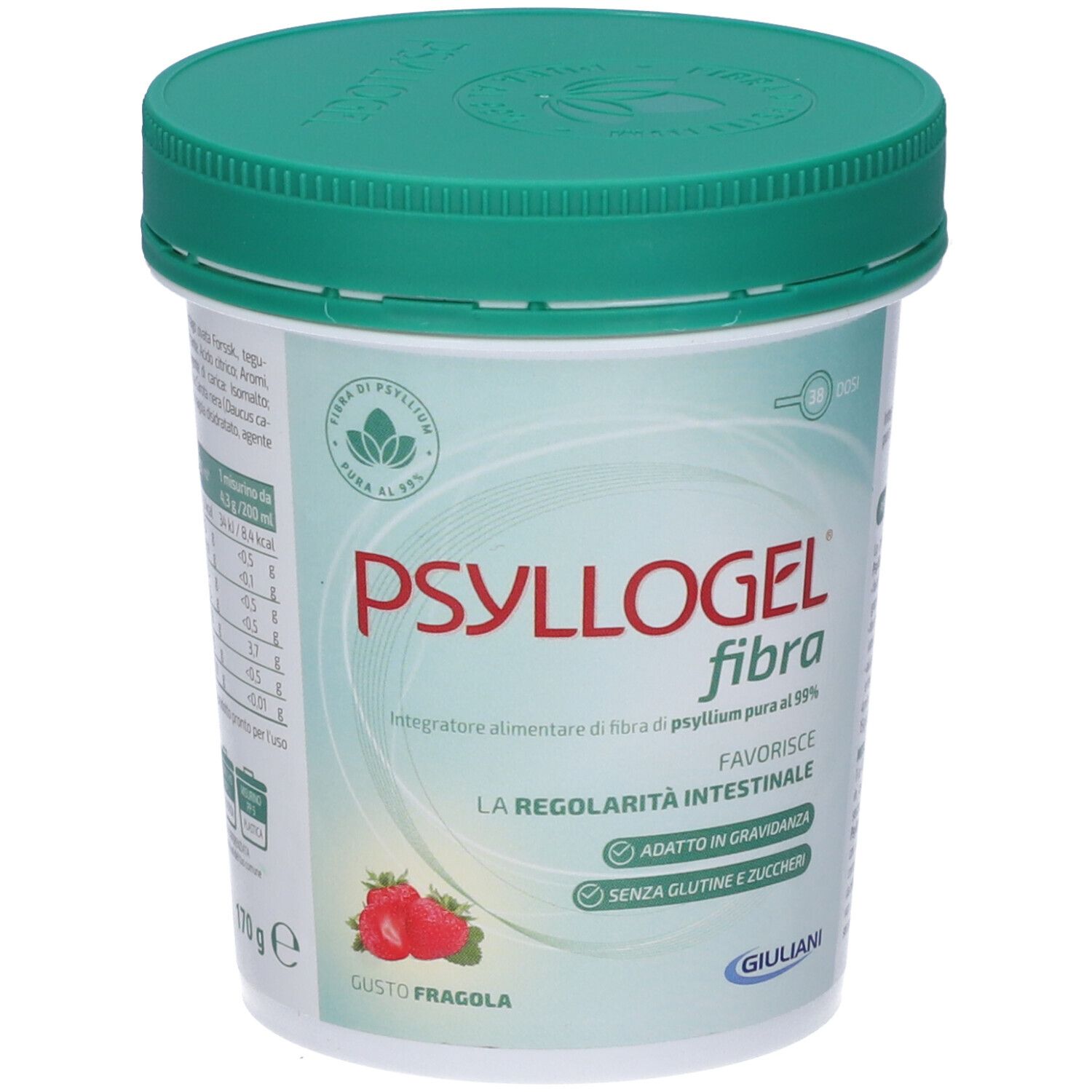 Behälter mit grünem Deckel. Aufschrift PSYLLOGEL fibra, Erdbeer-Abbildung. Text: Favorisce la regolarità intestinale.