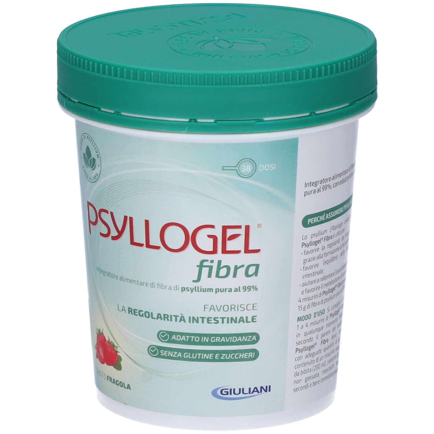 Behälter mit grünem Deckel. Aufschrift PSYLLOGEL fibra, Erdbeer-Abbildung. Text: Favorisce la regolarità intestinale.