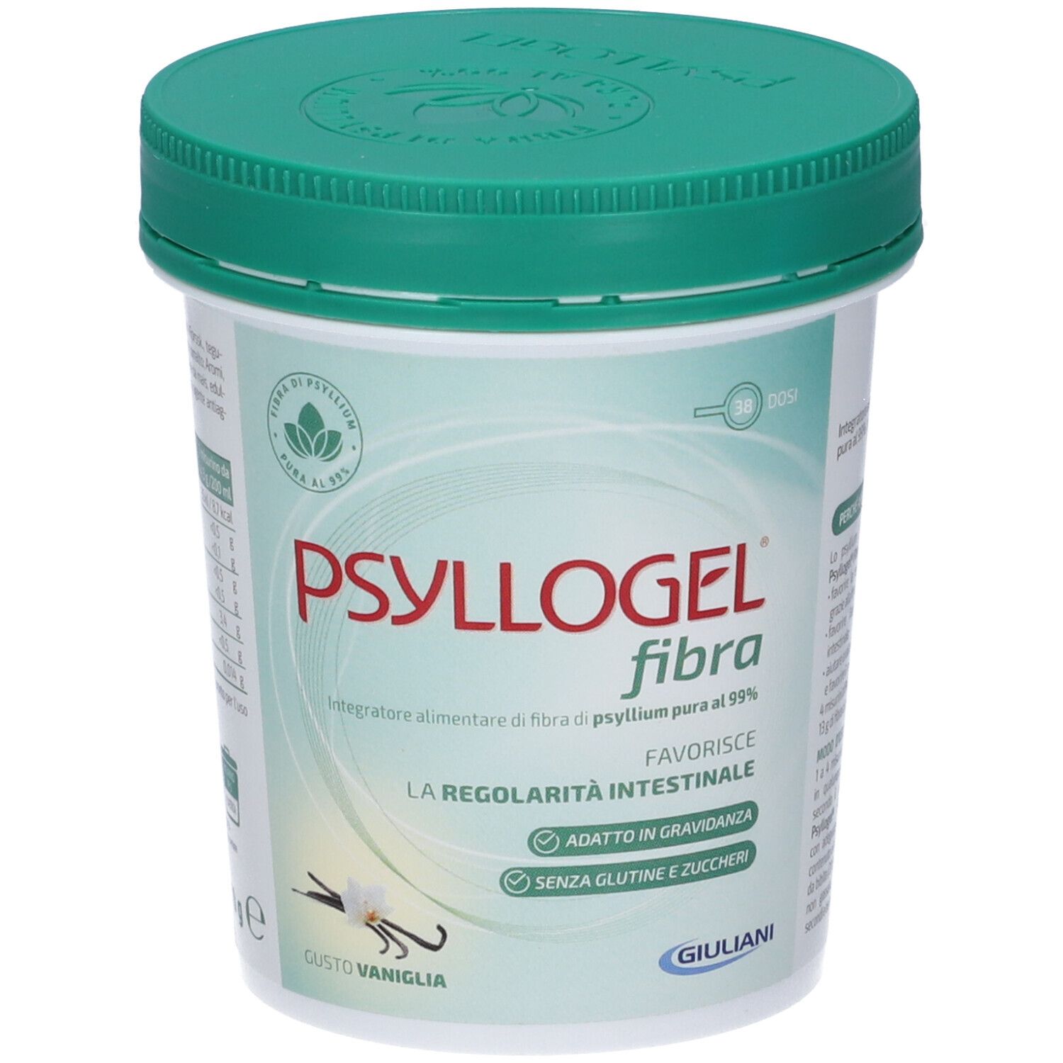 Behälter Psyllogel Fibra, grüner Deckel. Text: 'Psyllogel fibra', 'Gusto Vaniglia'.