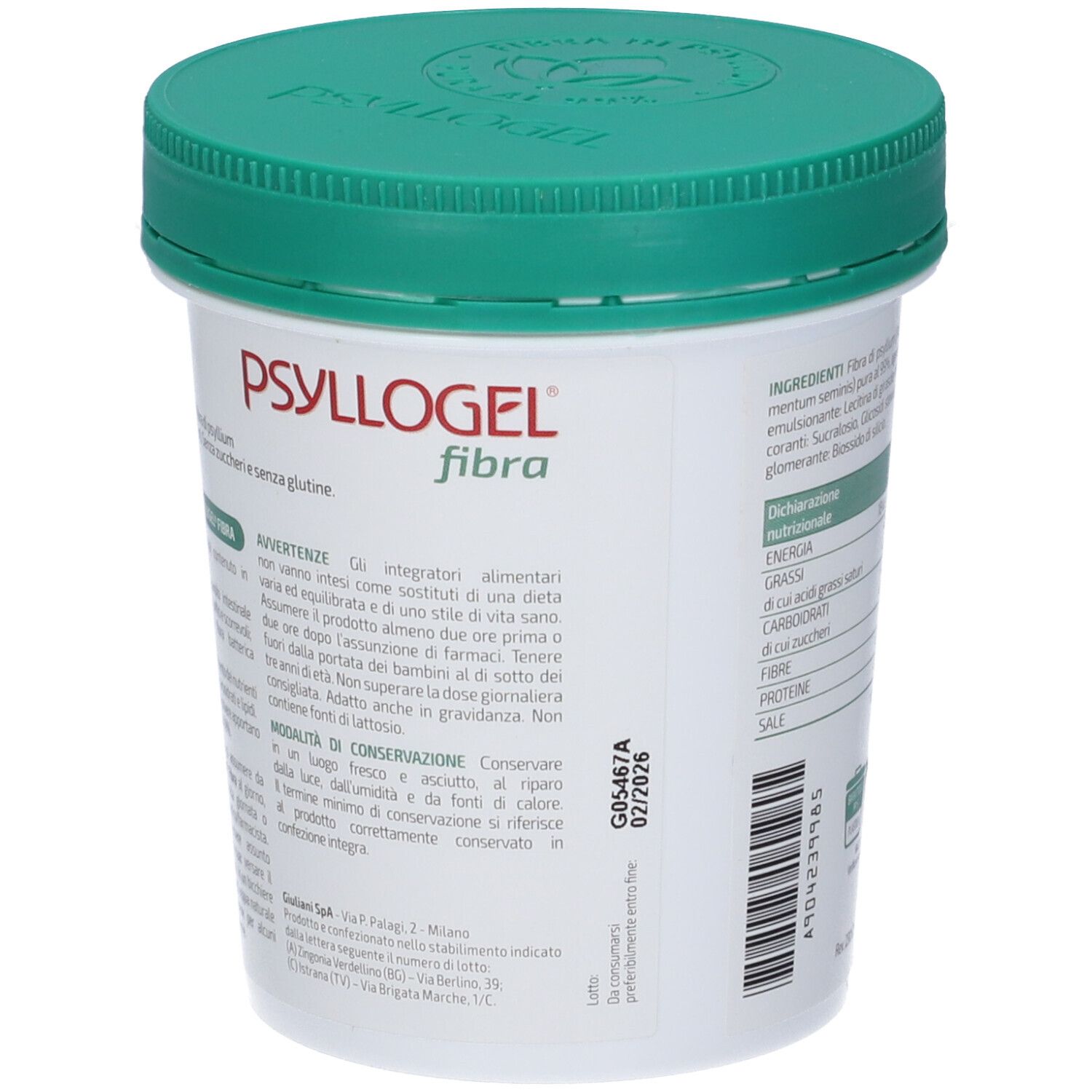 Psyllogel Fibra-Behälter, grüne Kappe. Text: 'Psyllogel fibra'. Warnhinweise und Nährwertangaben.