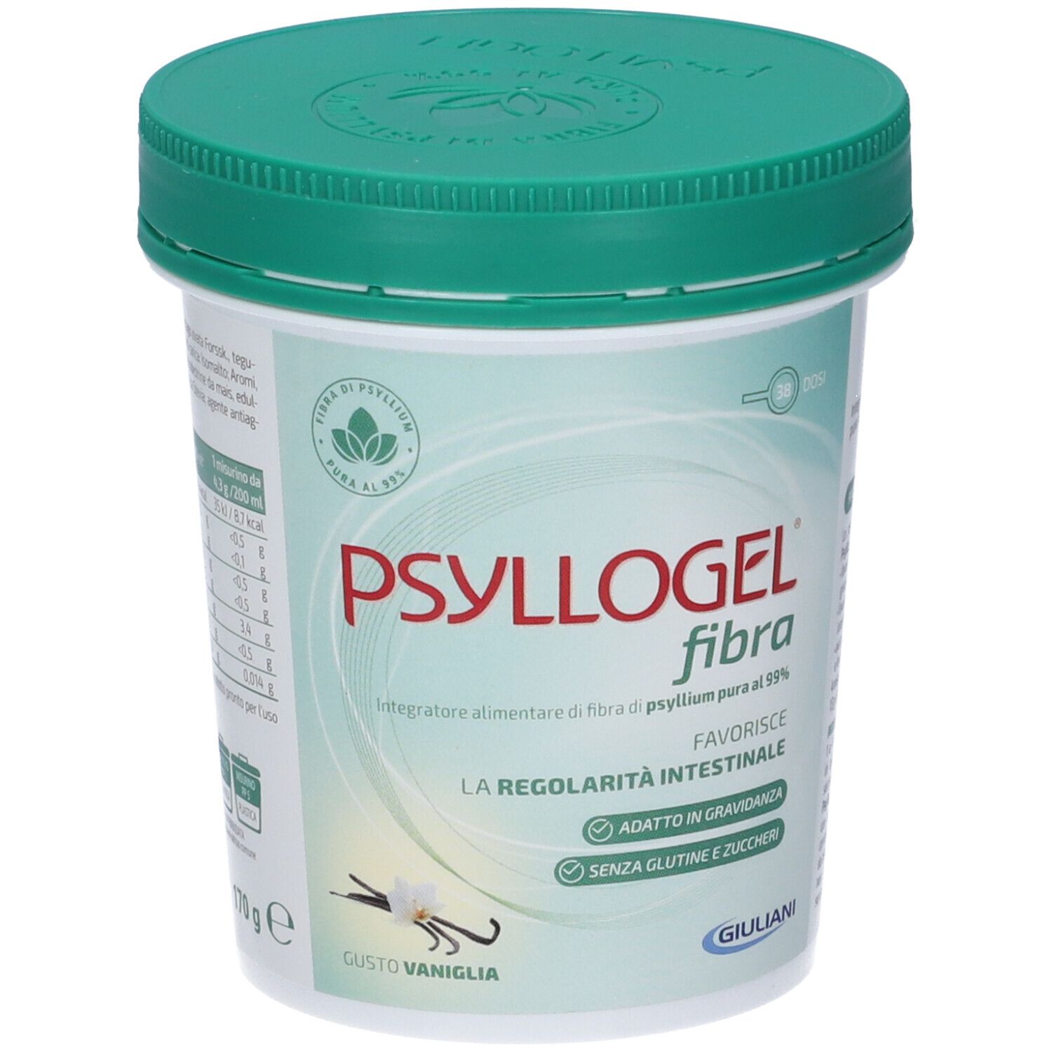 Psyllogel Fibra-Behälter, grüner Deckel. Text: 'Psyllogel fibra', 'Gusto Vaniglia'.