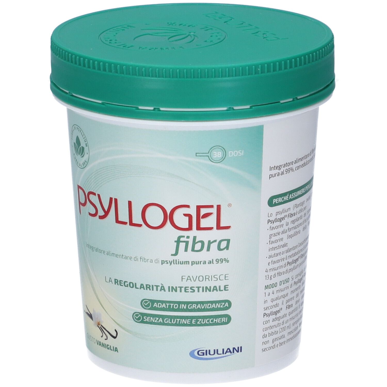 Psyllogel Fibra-Behälter, grüner Deckel. Text: 'Psyllogel fibra'. Dosierungsangaben.