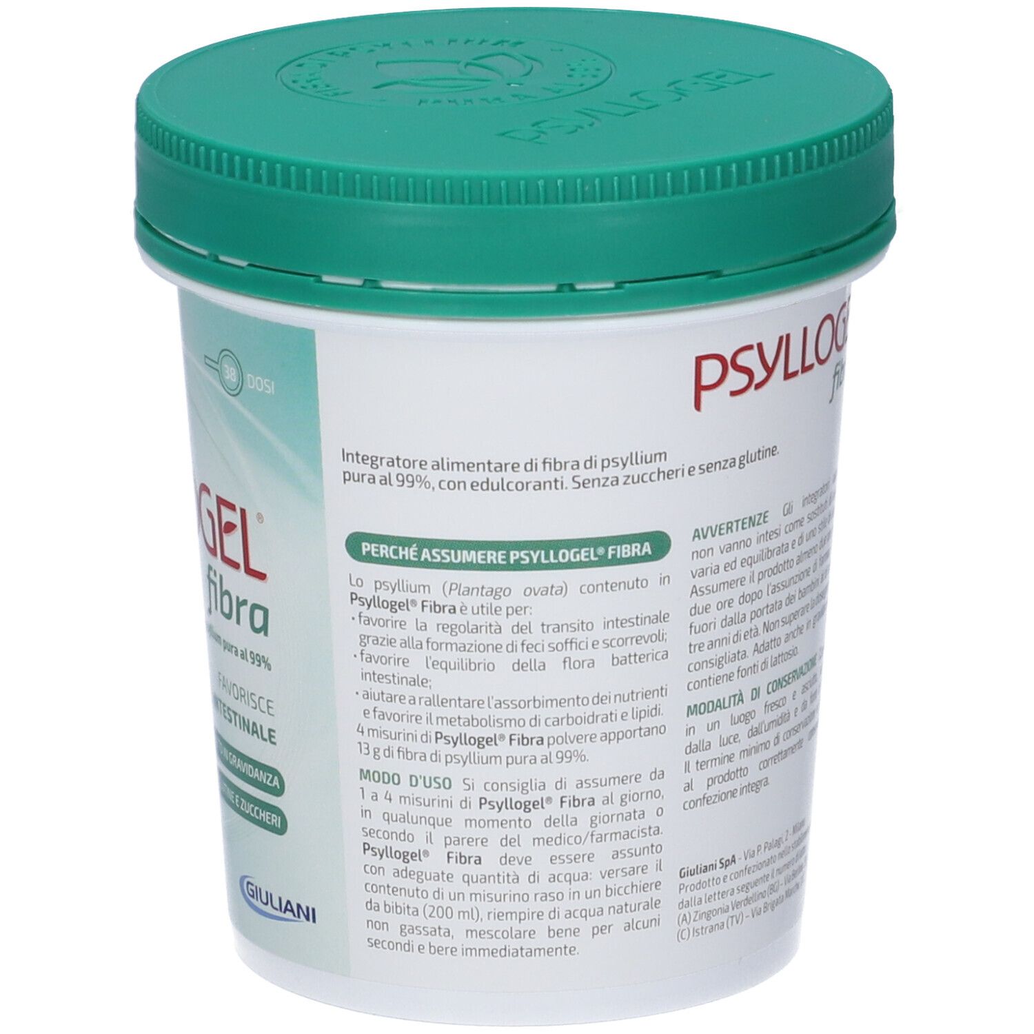 Psyllogel Fibra-Behälter, grüner Deckel. Text: 'Psyllogel fibra'. Gebrauchsanweisung und Inhaltsstoffe.