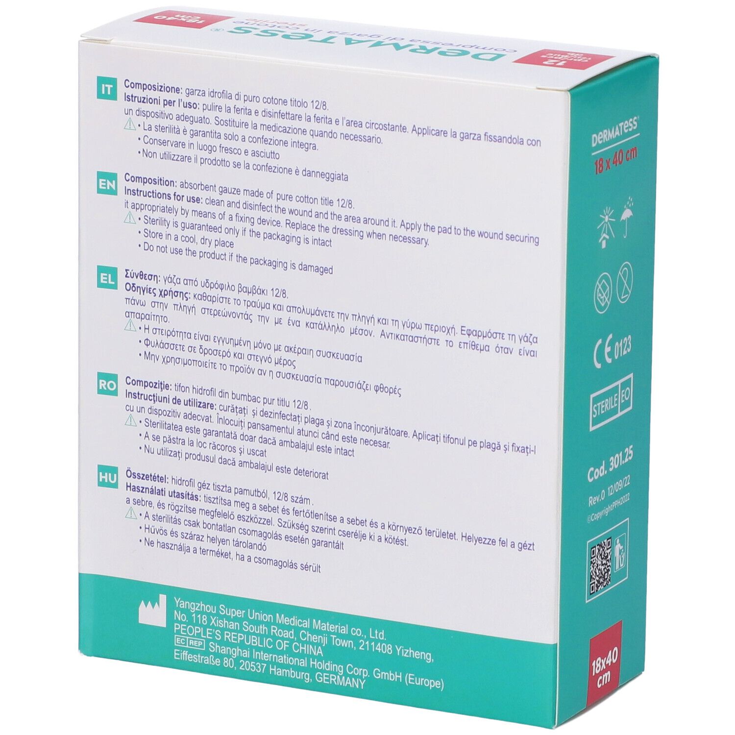 Rückseite der MASTER-AID® Dermatess® Verpackung. Text in mehreren Sprachen, Produktinformationen und Herstellerdetails.