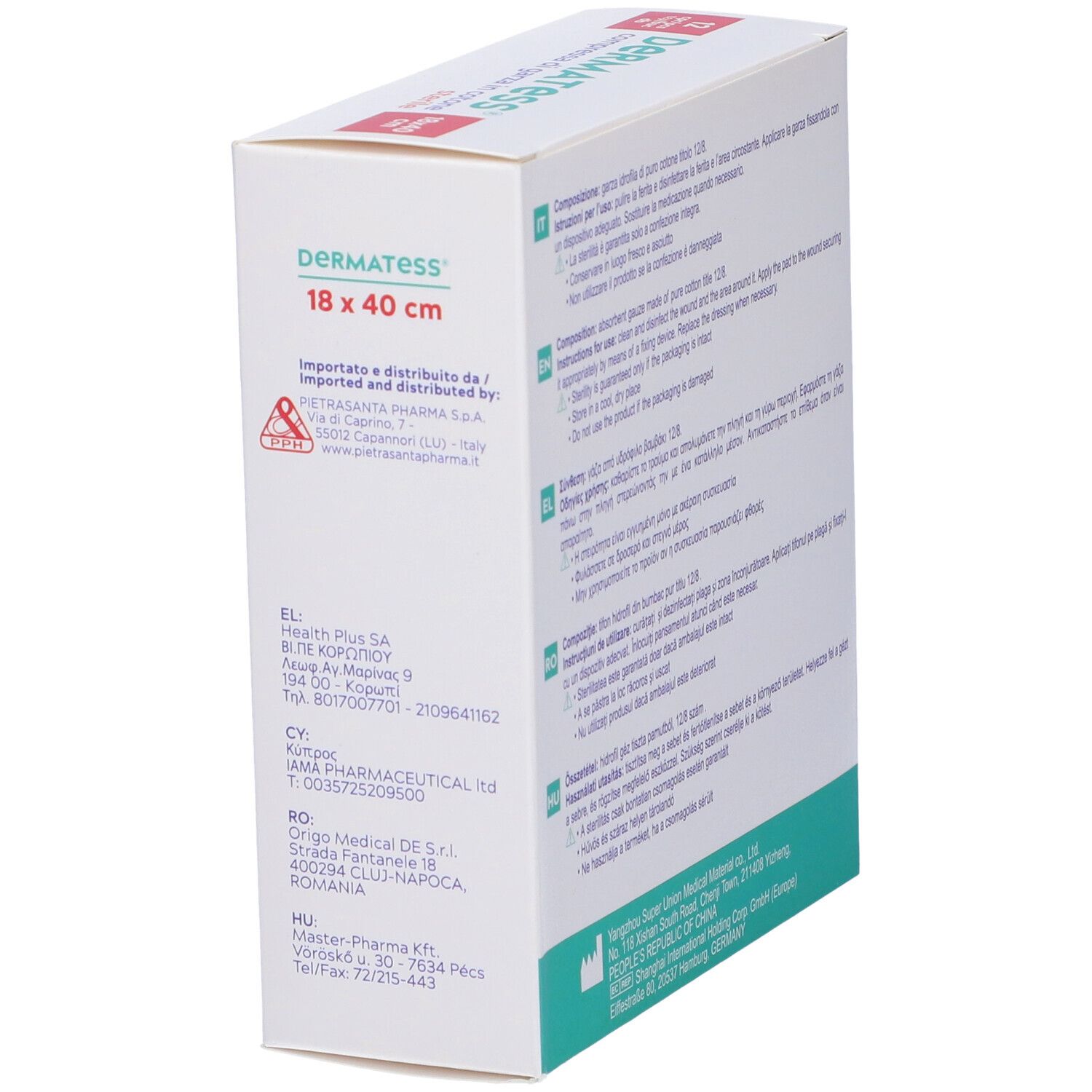Seite der MASTER-AID® Dermatess® Verpackung. Text in mehreren Sprachen, Produktinformationen und Herstellerdetails.