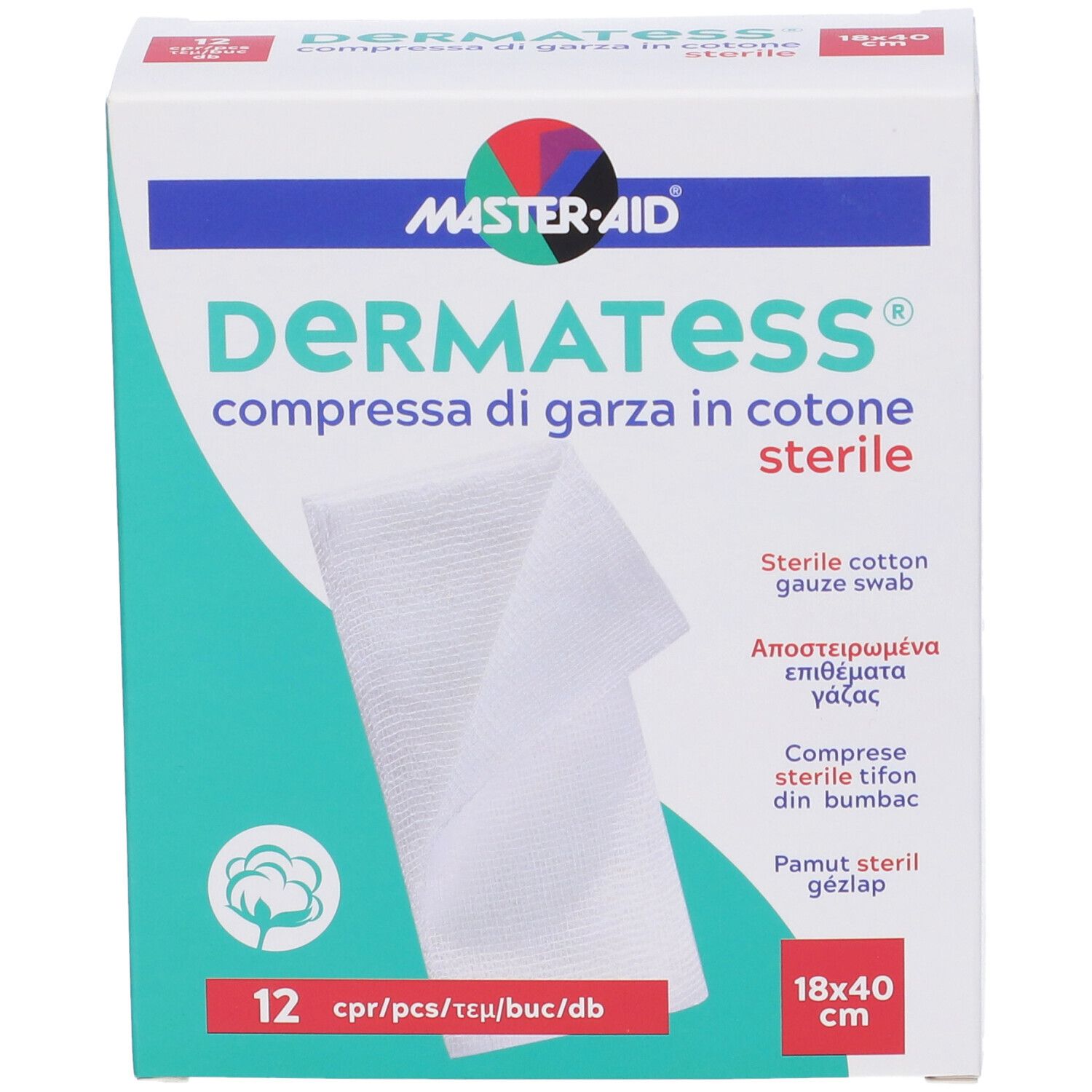 Verpackung MASTER-AID® Dermatess® mit 12 sterilen Kompressen. Weiße Box mit Produktlogo und Produktinformationen.