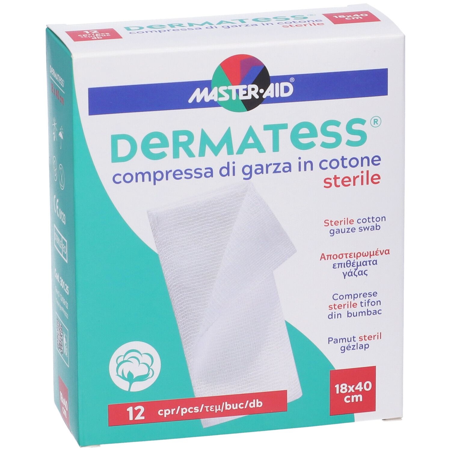 Verpackung MASTER-AID® Dermatess® mit 12 sterilen Kompressen. Weiße Box mit Produktlogo und Produktinformationen.