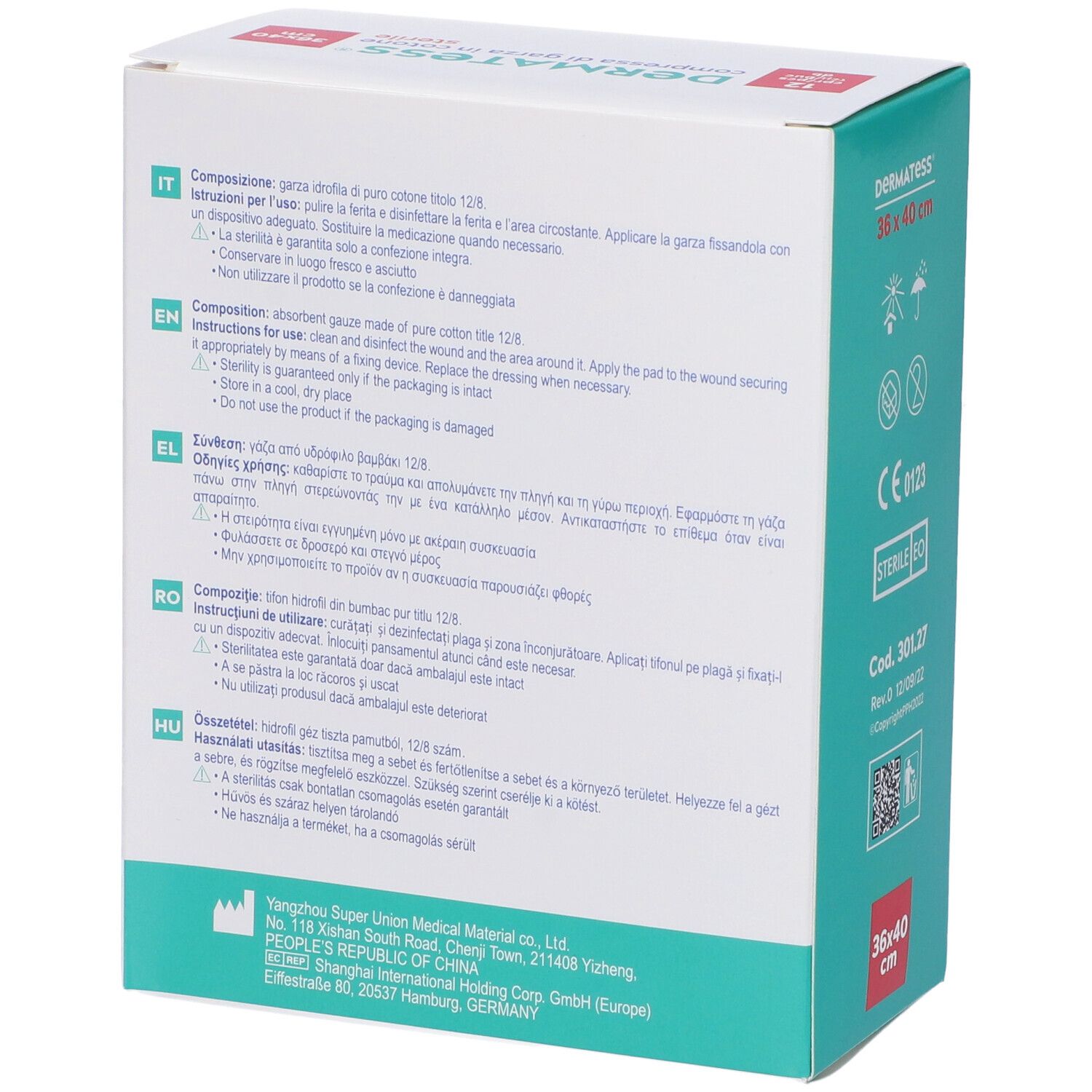 Rückseite der Dermatess® Verpackung. Enthält Informationen in mehreren Sprachen. Abmessungen 36x40cm.