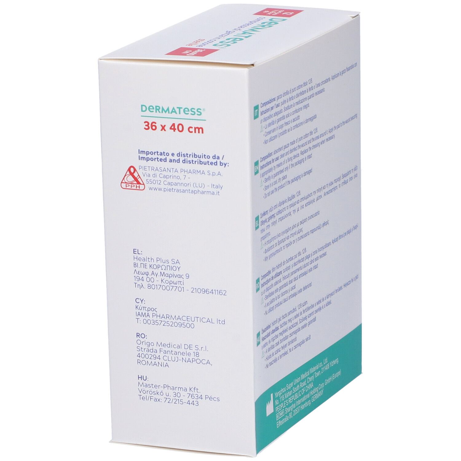 Seite der Dermatess® Verpackung. Enthält Informationen zum Importeur und Vertrieb. Abmessungen 36x40cm.