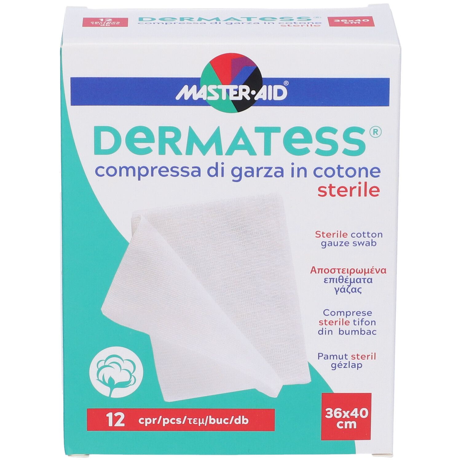 Verpackung Dermatess® mit Kompressen. 12 Stück. Abmessungen 36x40cm. Marke Master-Aid.