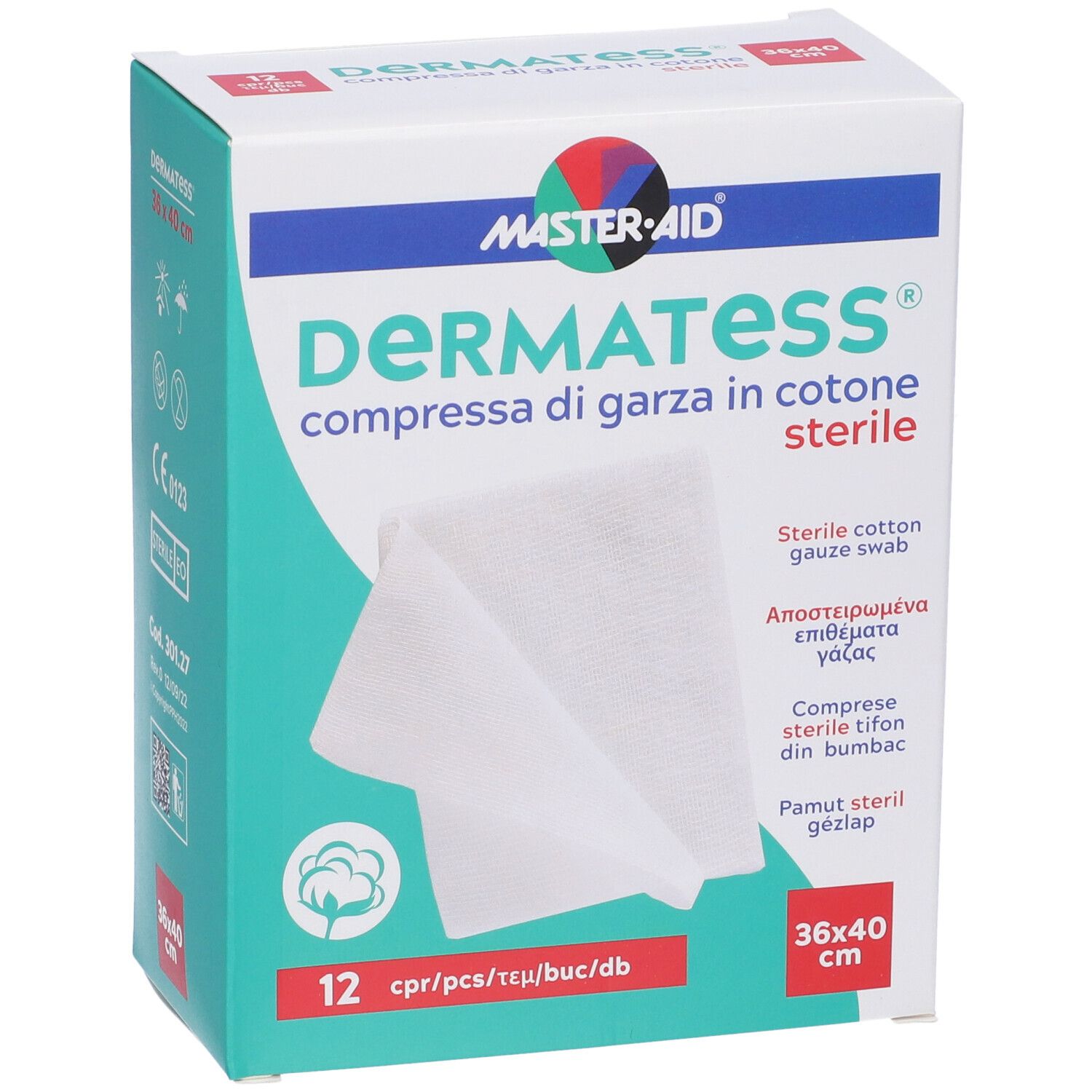Verpackung Dermatess® mit Kompressen. 12 Stück. Abmessungen 36x40cm. Marke Master-Aid.