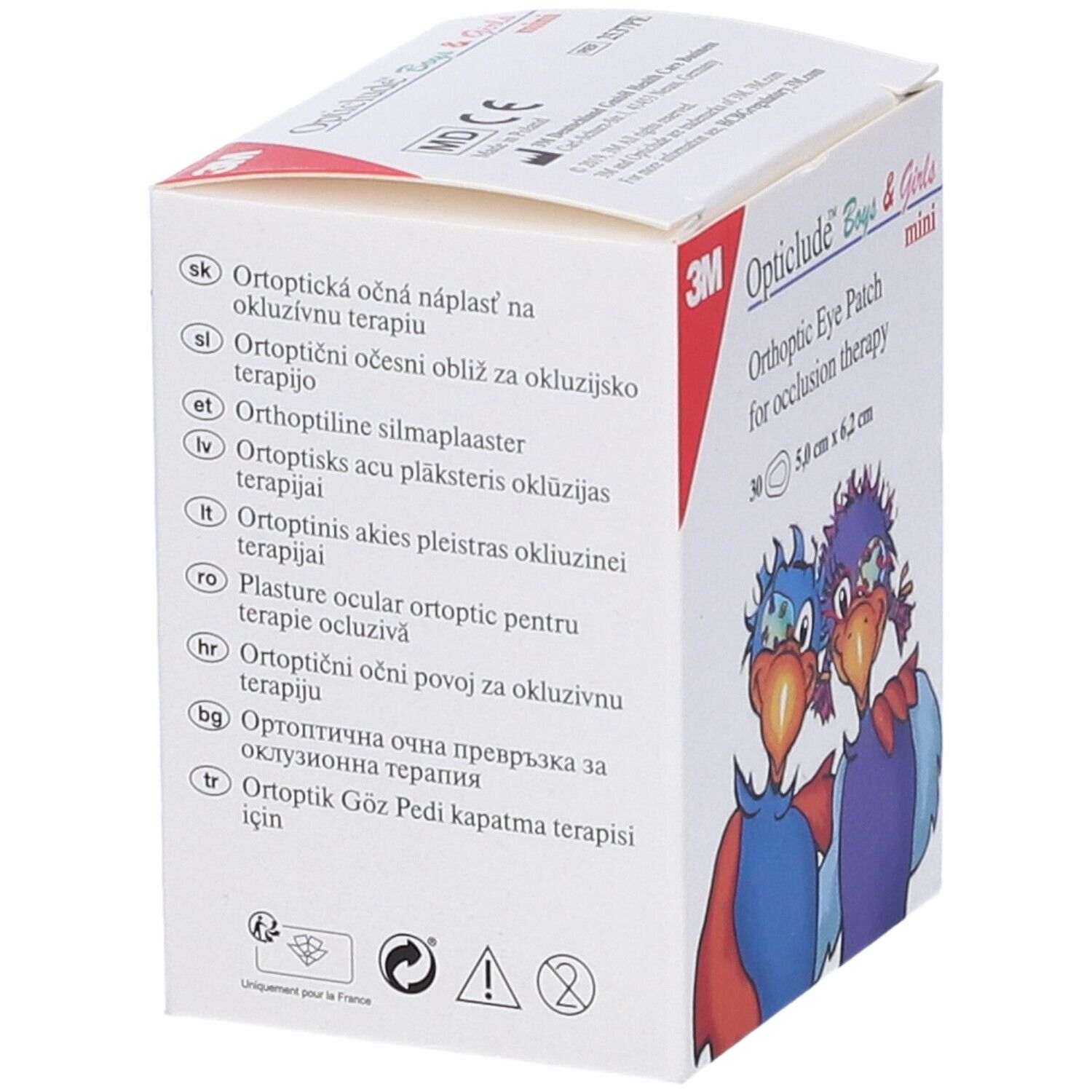 3M Opticlude Boys & Girls mini. Confezione con testi multilingue. Informazioni sui cerotti ortottici per terapia occlusiva.