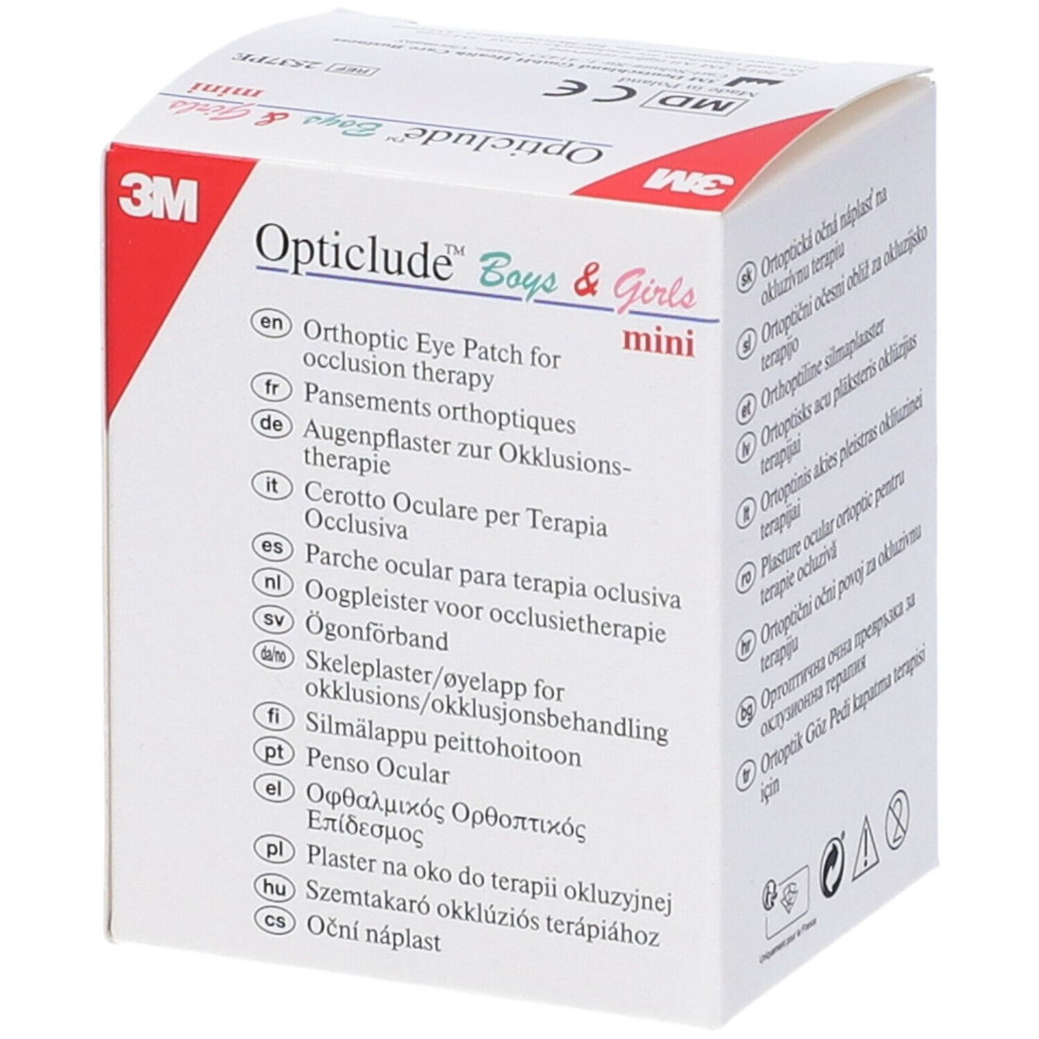 3M Opticlude Boys & Girls mini. Confezione con testi multilingue. Informazioni sui cerotti ortottici per terapia occlusiva.