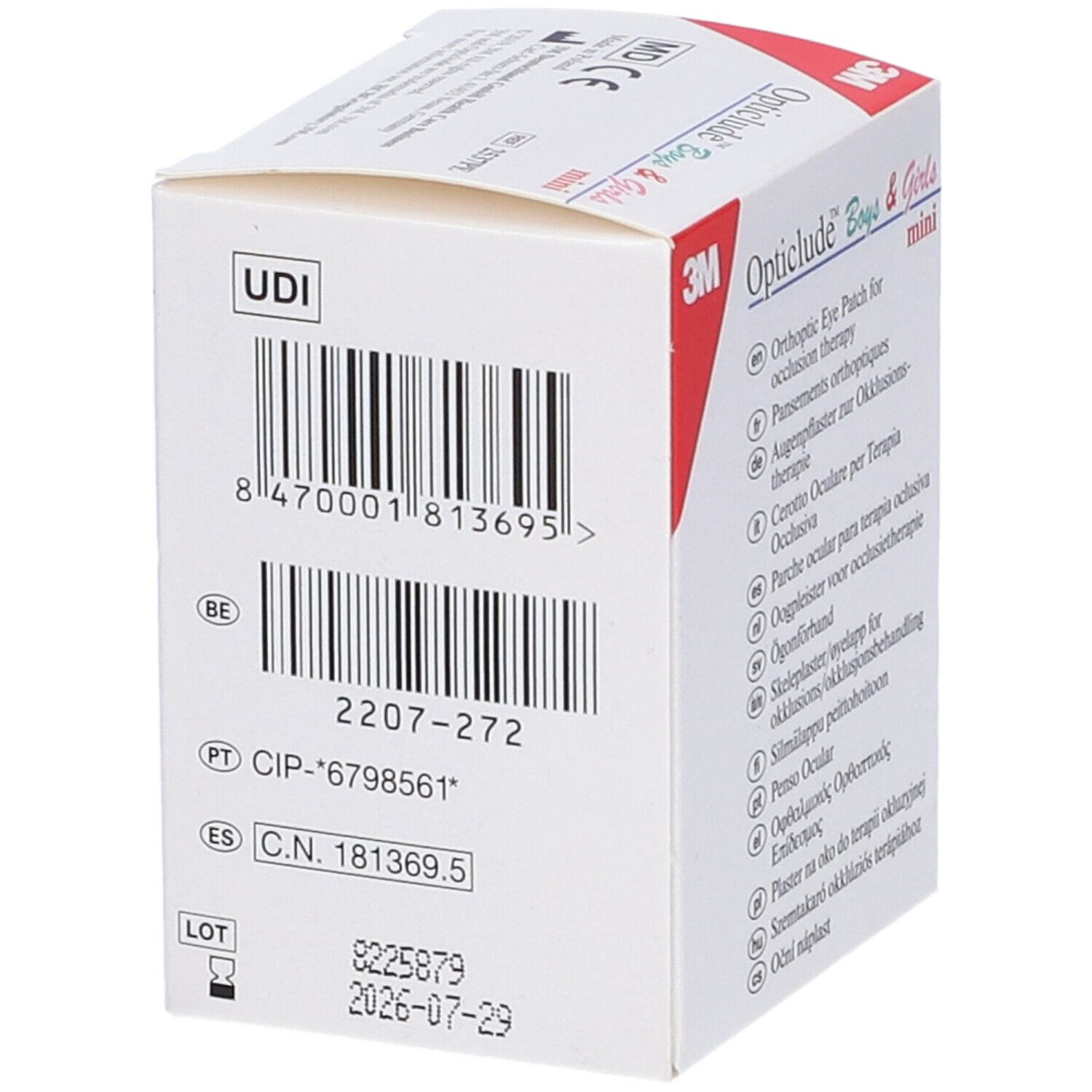 3M Opticlude Boys & Girls mini. Confezione con codice a barre, numero di lotto e data di scadenza. Informazioni sui cerotti ortottici.