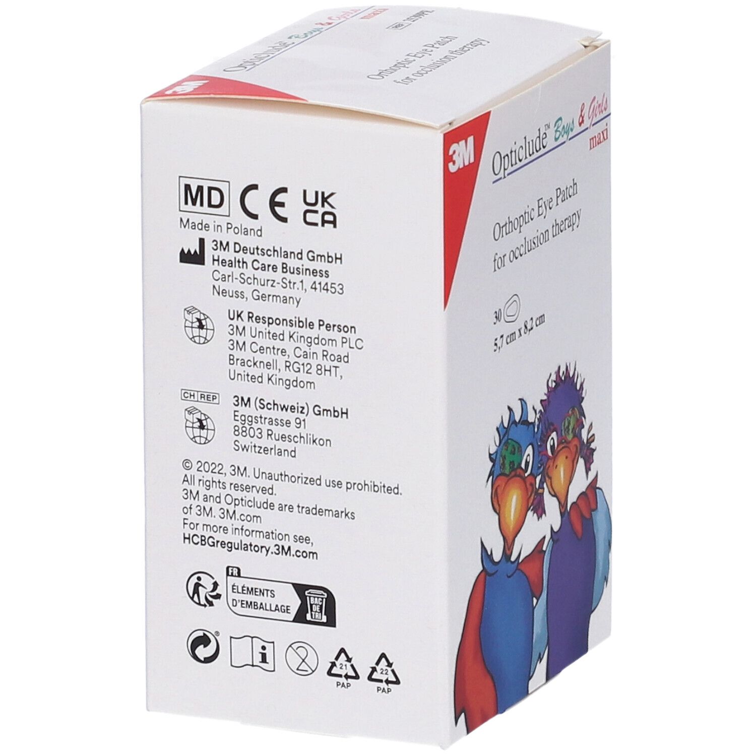 Rückseite der Opticlude Boys & Girls Verpackung. Enthält Informationen zu Hersteller und Zertifizierungen.