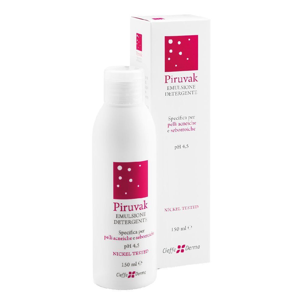 Flacone e scatola bianchi. Scritta: Piruvak Emulsione Detergente, pH 4,5, Nickel Tested. 150 ml.