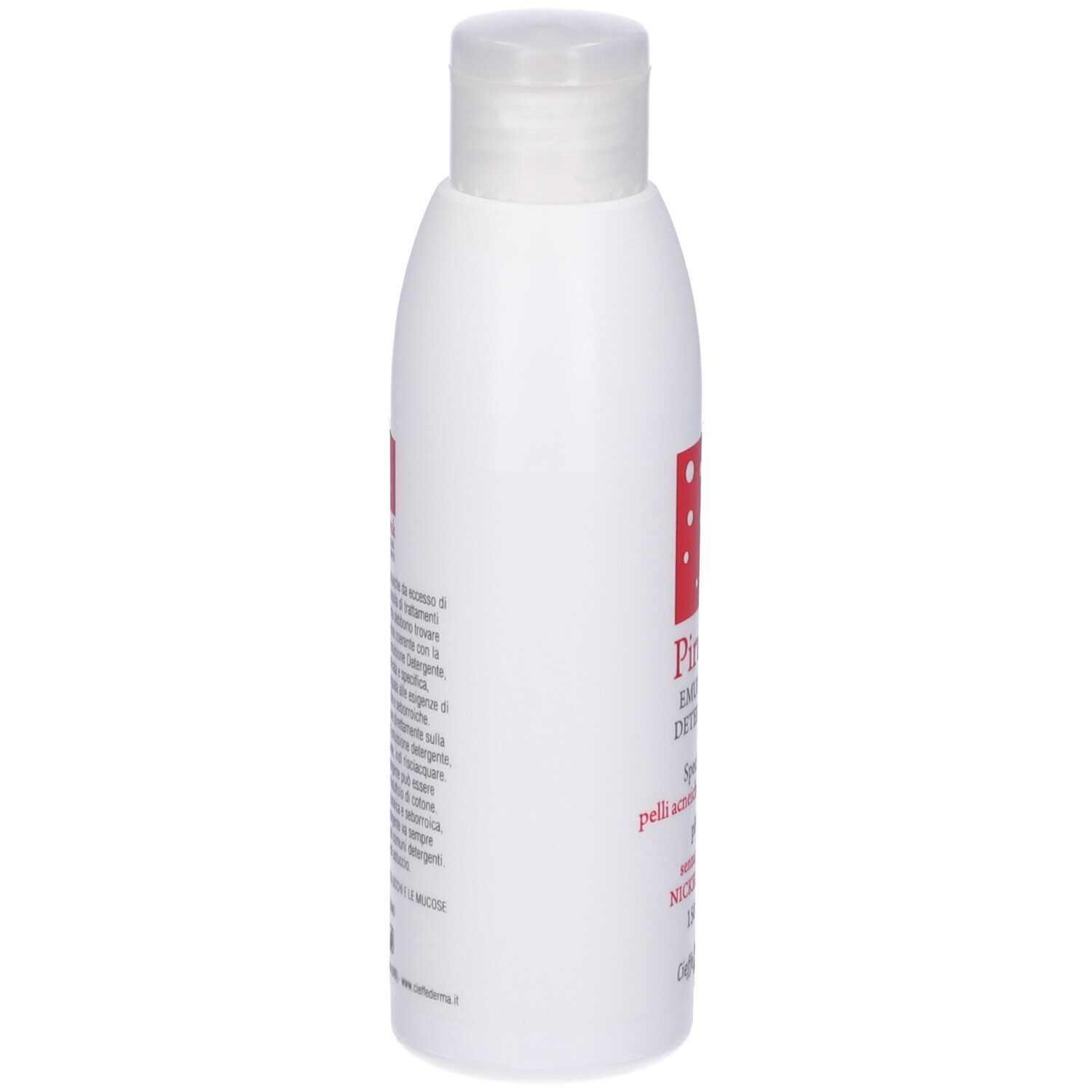 Flacone bianco con tappo bianco. Scritta: Piruvak Emulsione Detergente, pH 4,5, Nickel Tested.