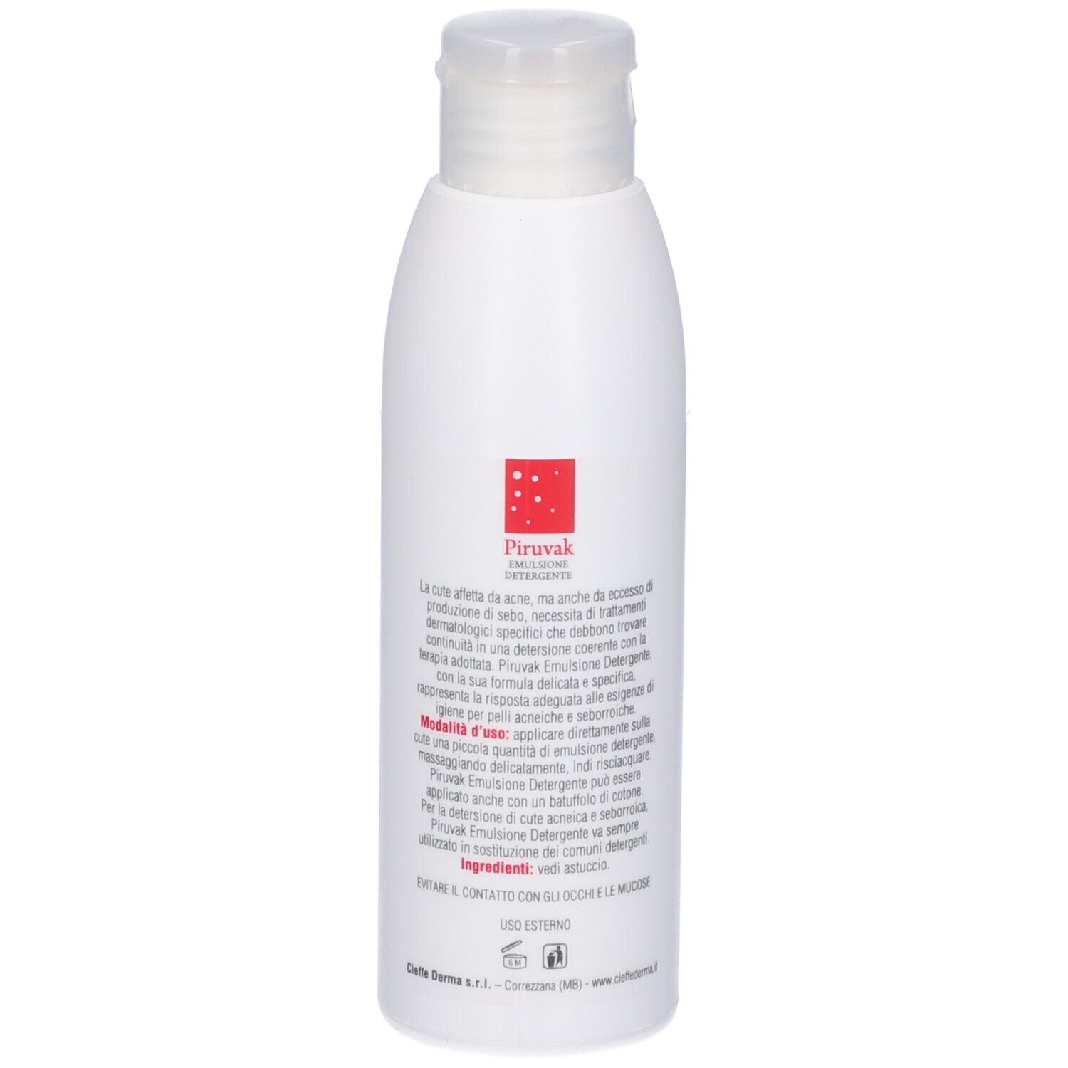 Flacone bianco con testo. Scritta: Piruvak Emulsione Detergente, pH 4,5, Nickel Tested. Testo in italiano.