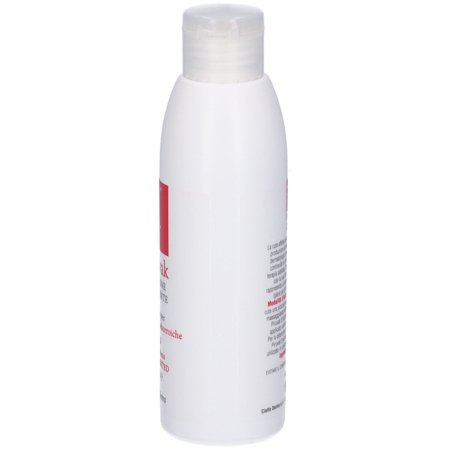 Flacone bianco con tappo bianco. Scritta: Piruvak Emulsione Detergente, pH 4,5, Nickel Tested.