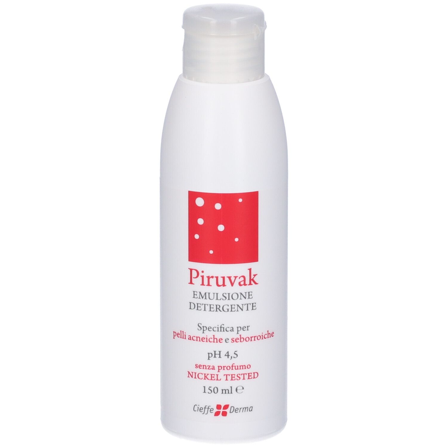 Flacone bianco con tappo bianco. Scritta: Piruvak Emulsione Detergente, pH 4,5, Nickel Tested. 150 ml.