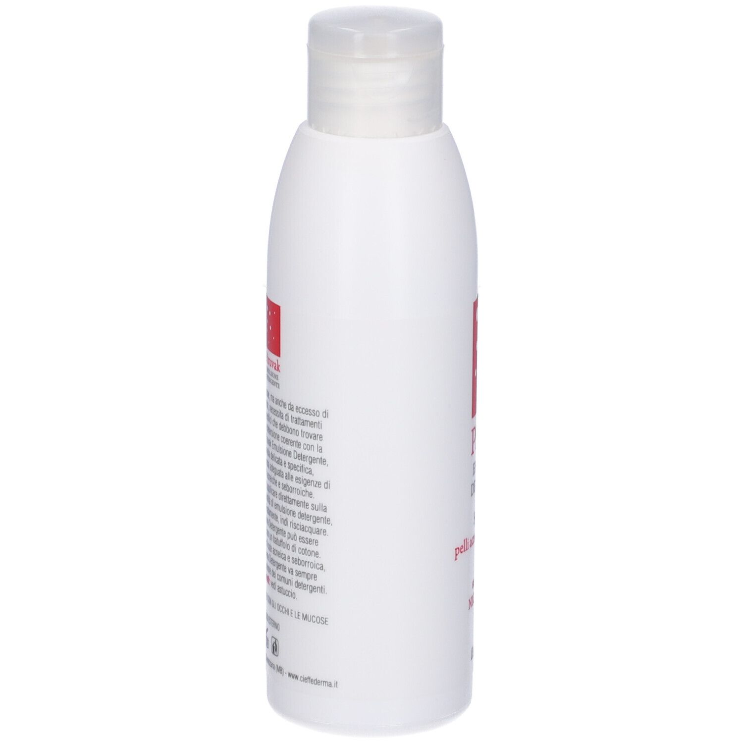 Flacone bianco con testo. Scritta: Piruvak Emulsione Detergente, pH 4,5, Nickel Tested. Testo in italiano.
