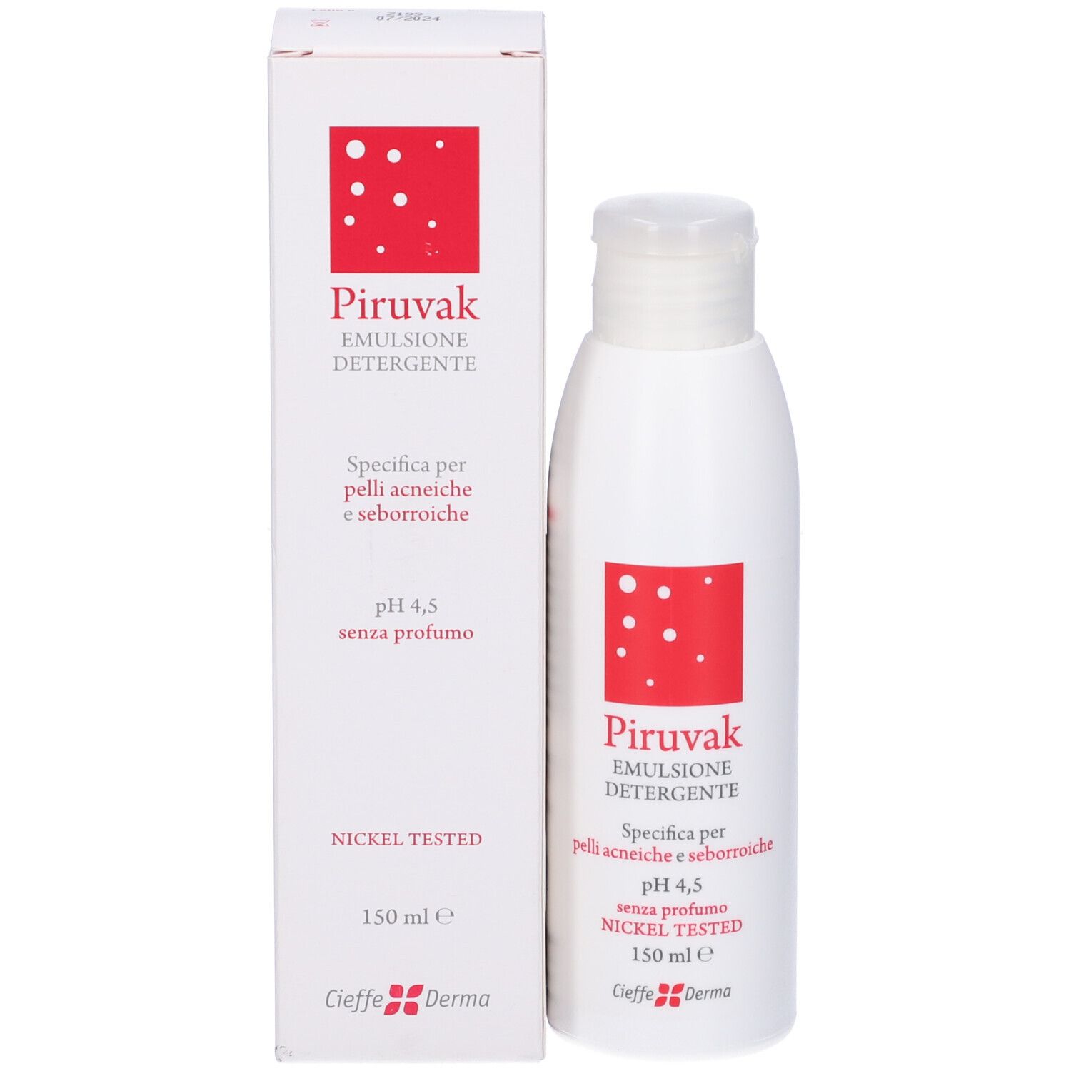 Flacone e scatola bianchi. Scritta: Piruvak Emulsione Detergente, pH 4,5, Nickel Tested. 150 ml.