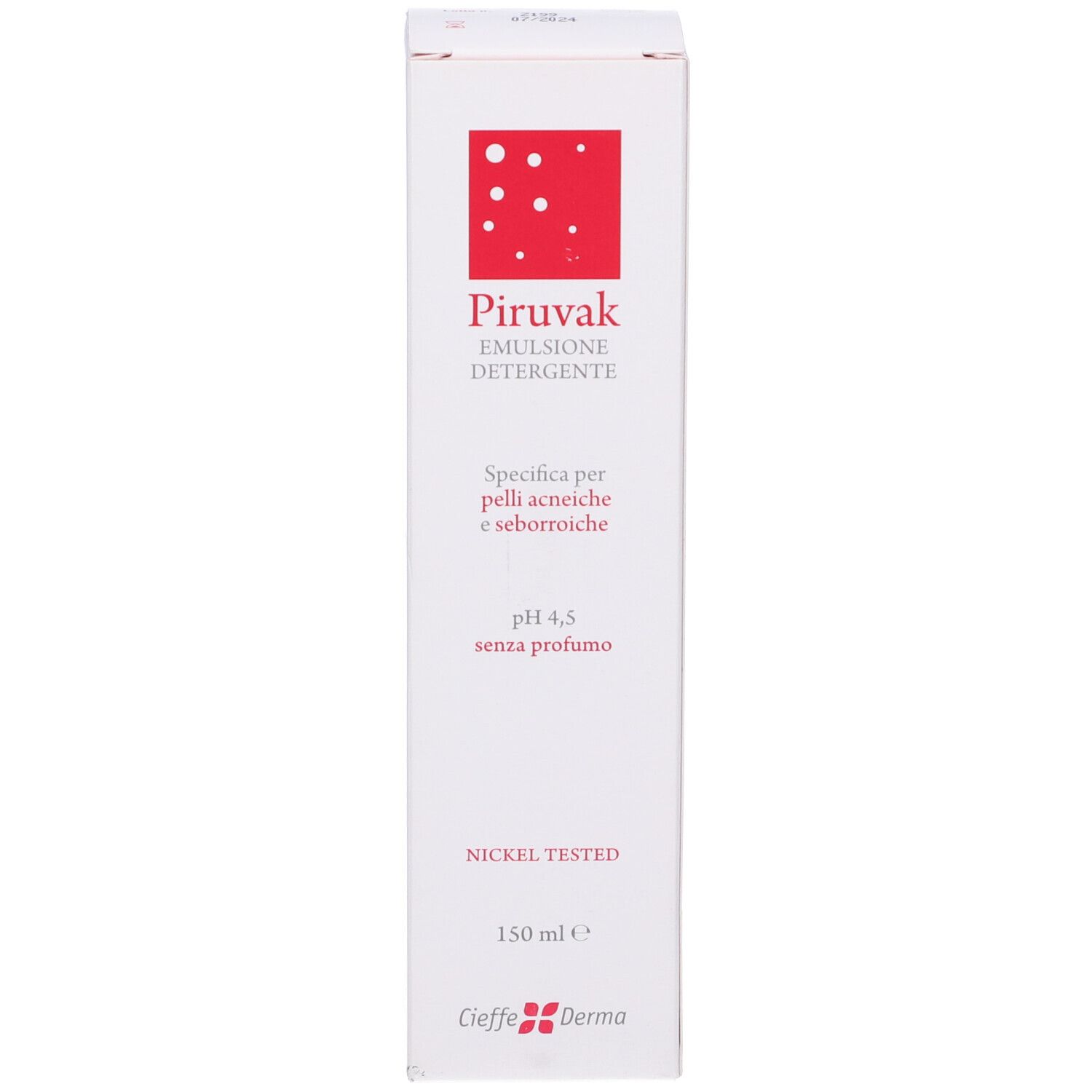 Scatola bianca. Scritta: Piruvak Emulsione Detergente, pH 4,5, Nickel Tested. 150 ml.