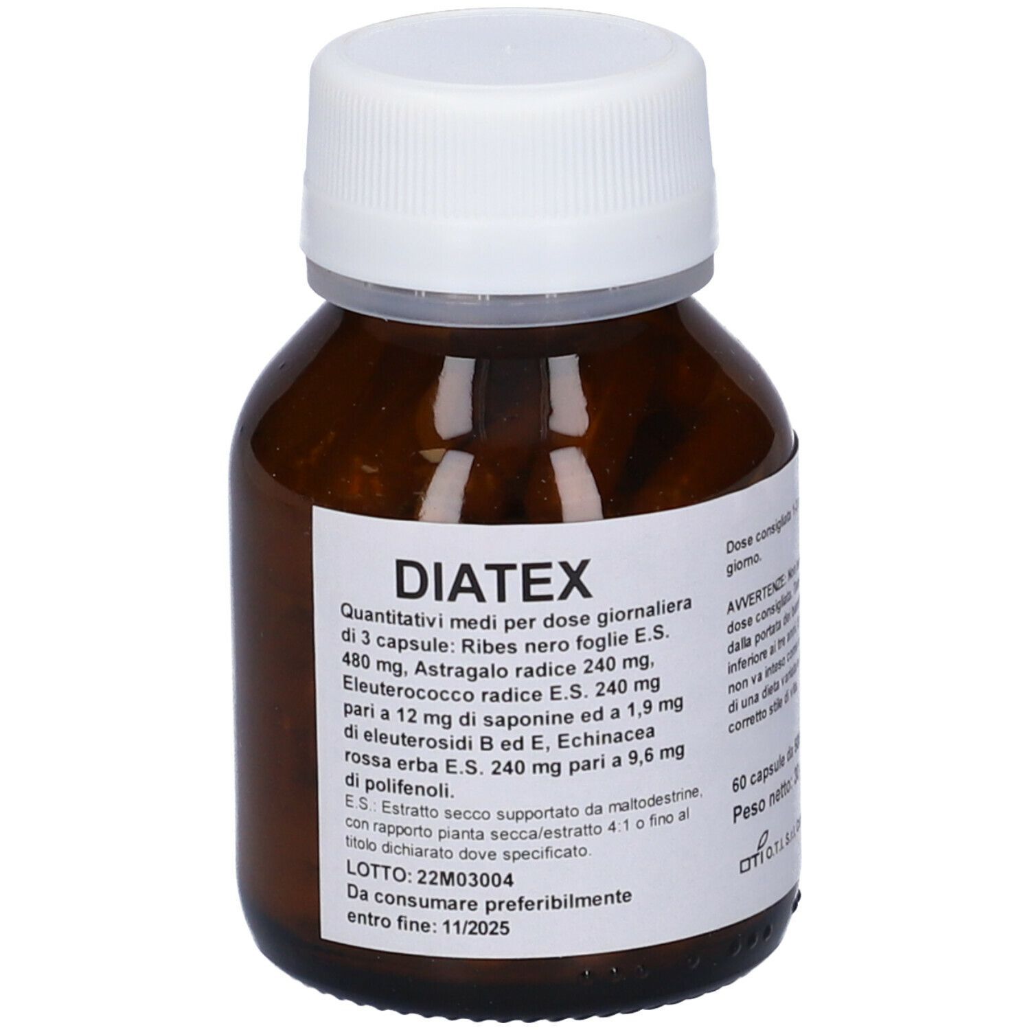 Flacone di vetro marrone con tappo bianco. Scritta DIATEX. Contiene capsule. Etichetta con ingredienti e data di scadenza.