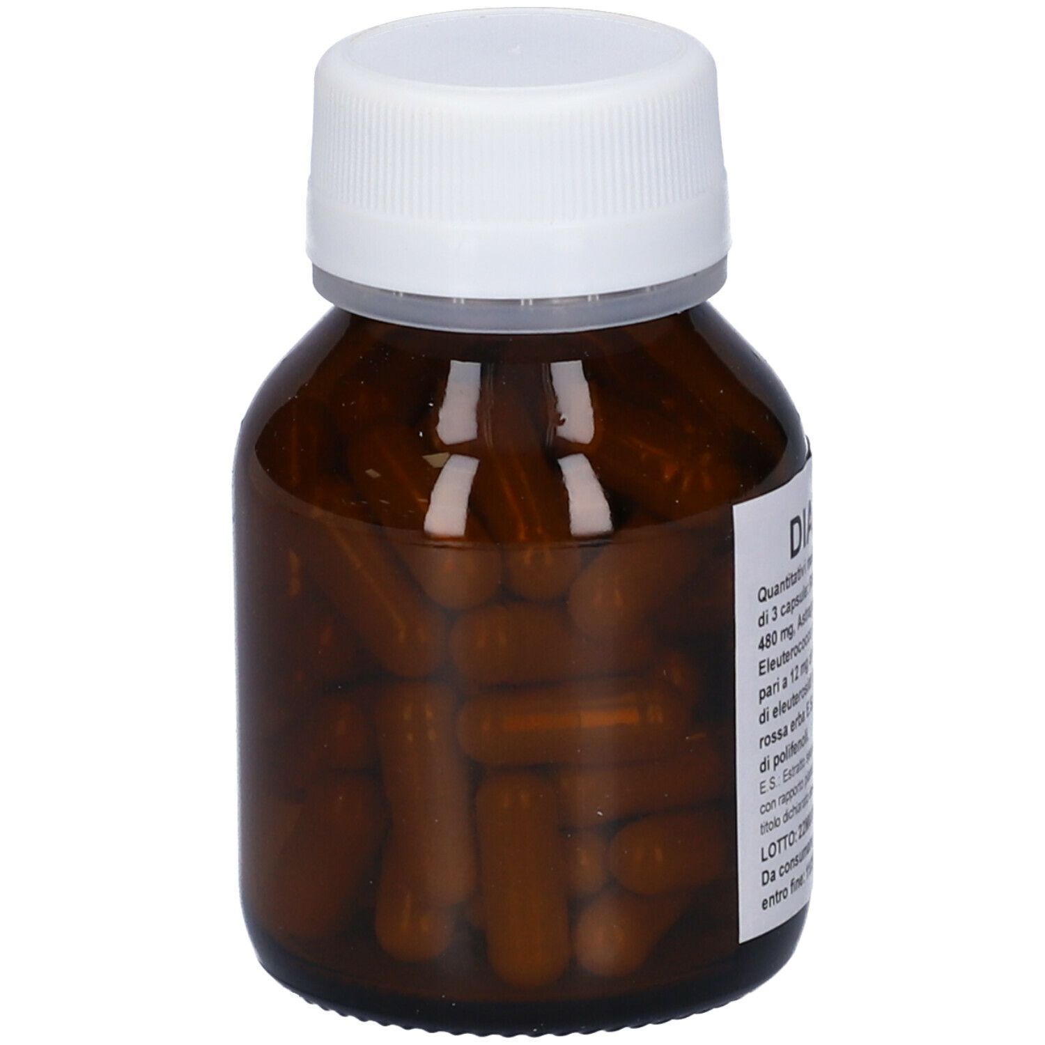 Flacone di vetro marrone con tappo bianco, pieno di capsule marroni. Etichetta con informazioni sul prodotto.