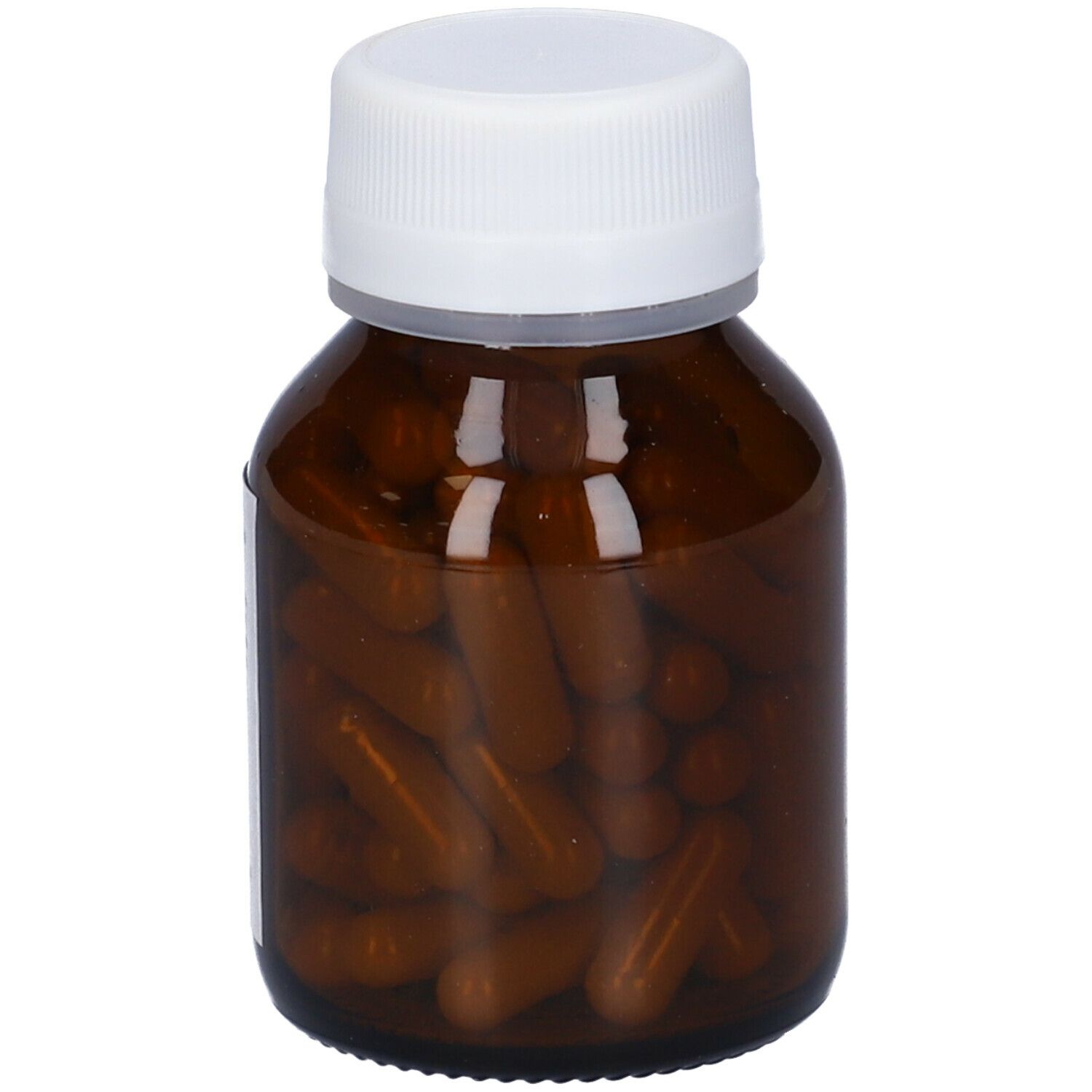 Flacone di vetro marrone con tappo bianco, pieno di capsule marroni. Etichetta del prodotto visibile.