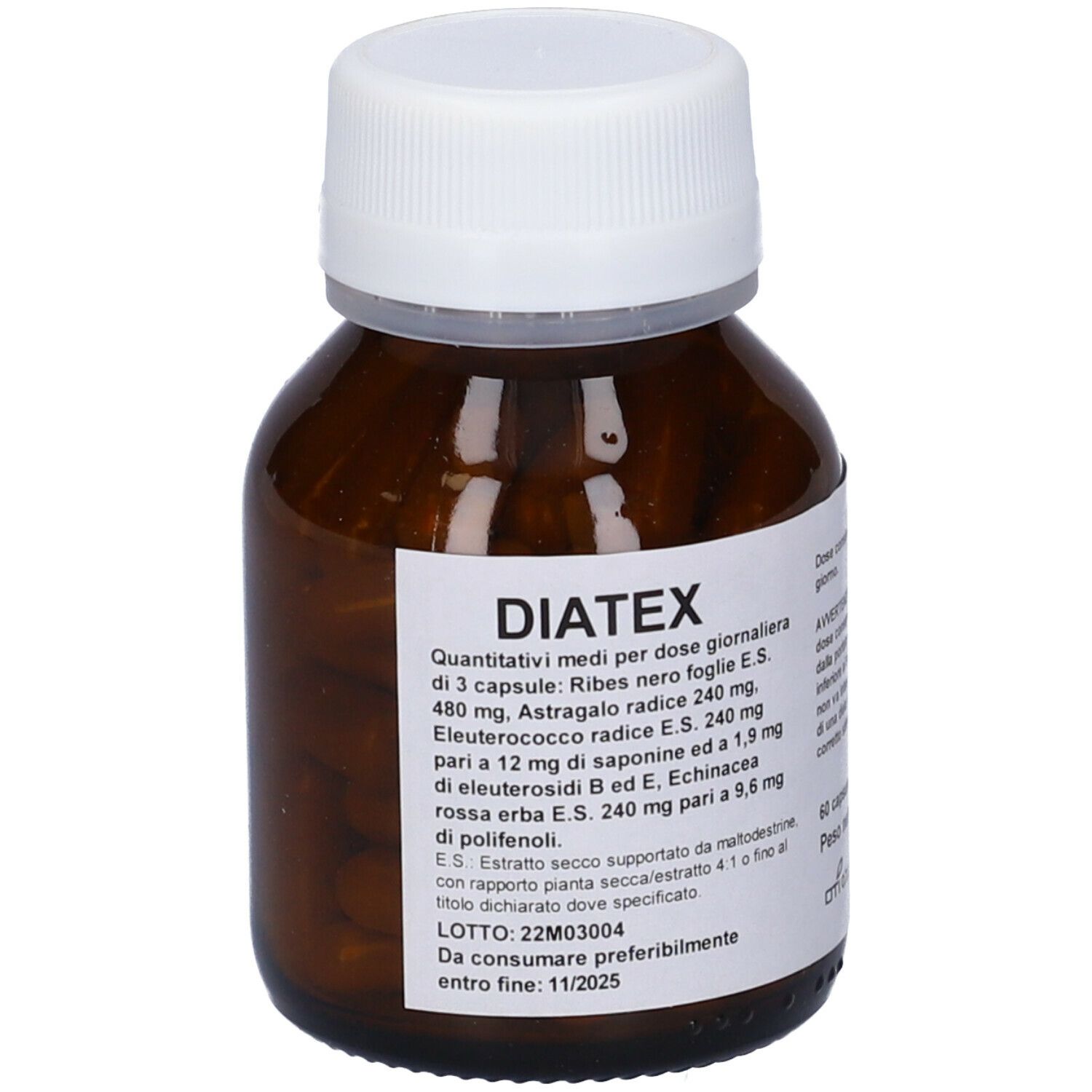 Flacone di vetro marrone con tappo bianco. Scritta DIATEX. Etichetta con ingredienti e data di scadenza.