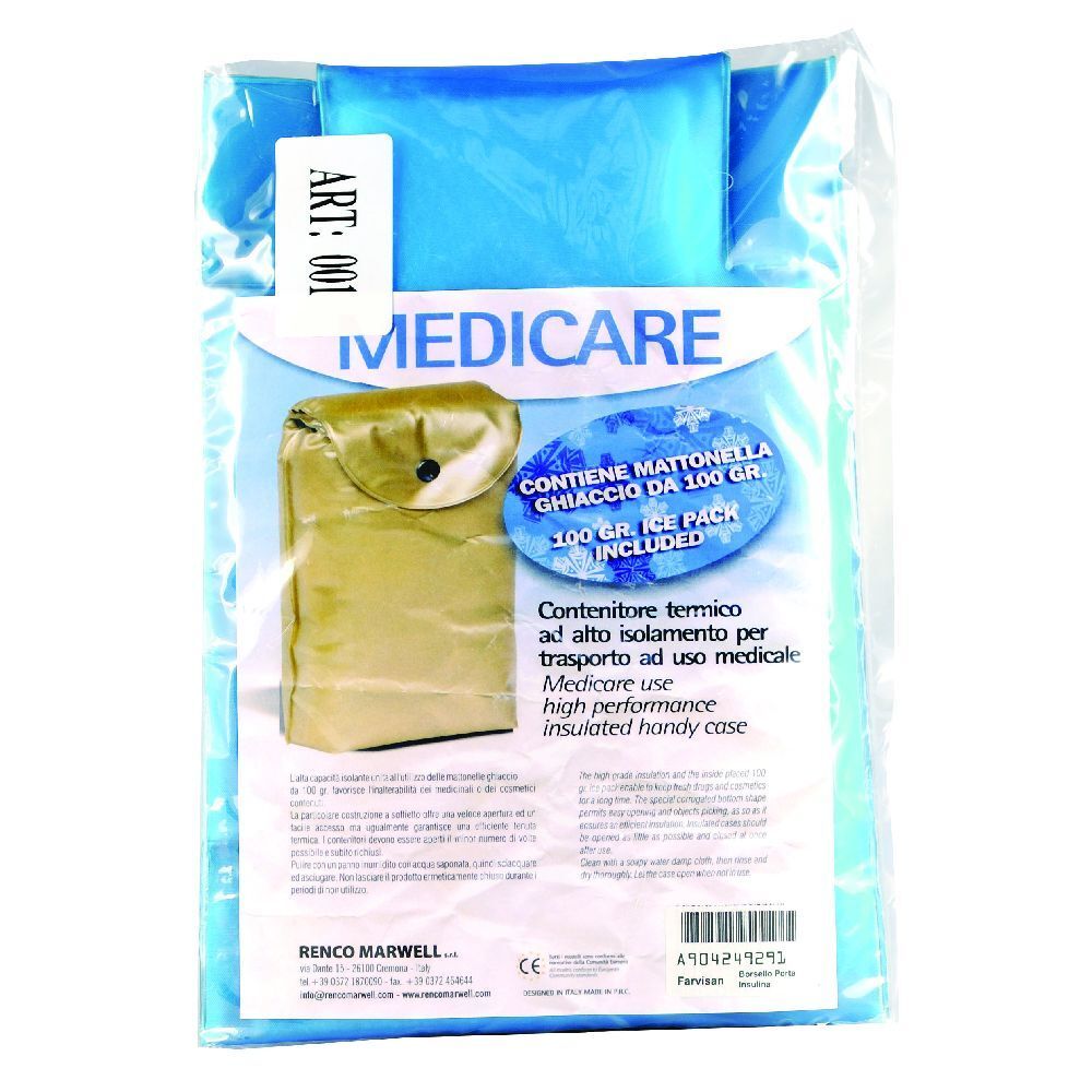 Borsello termico blu con ghiaccio e custodia beige in confezione di plastica. Testo: iMEDICARE, 100 gr. Ice Pack included.