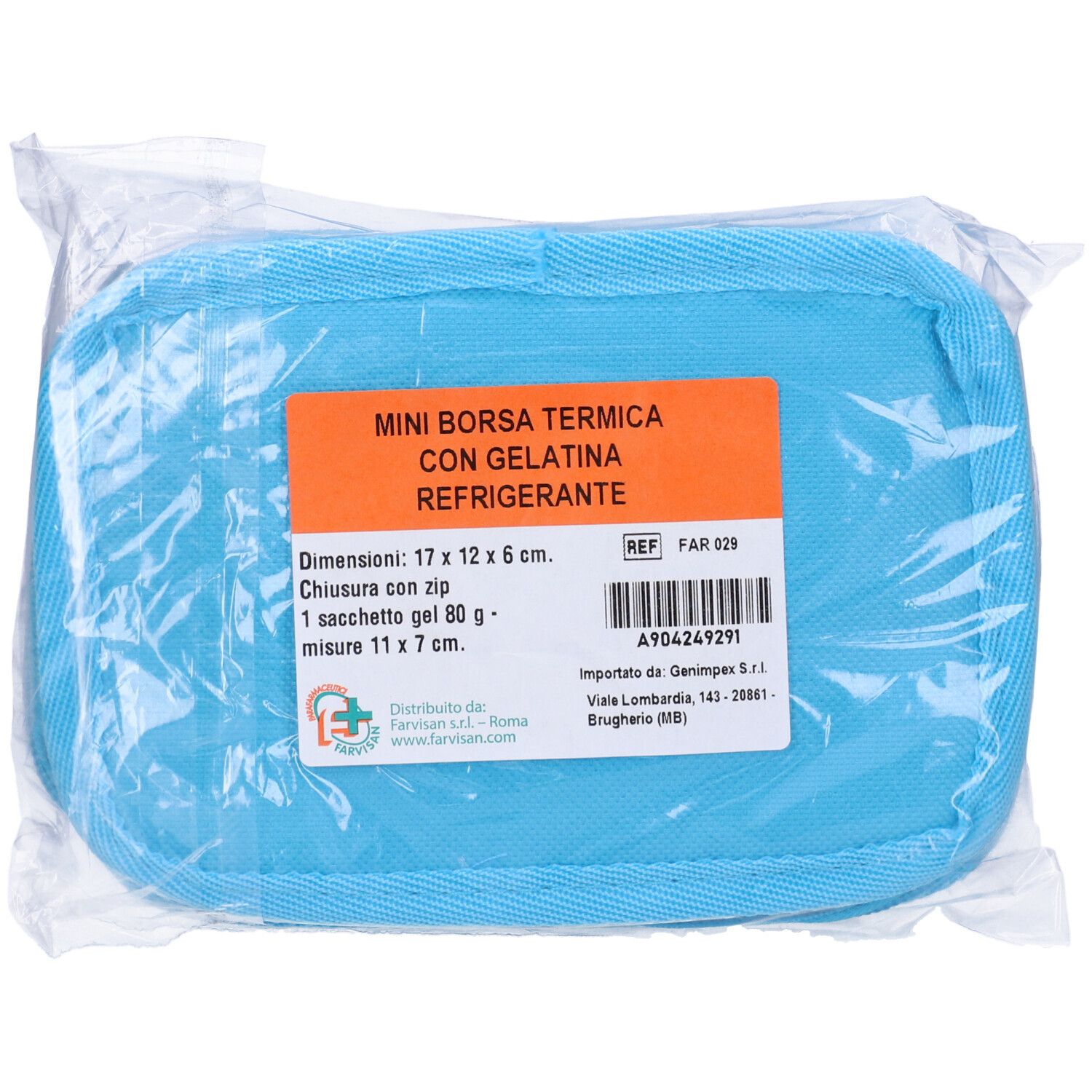 Borsetta termica blu rettangolare in confezione di plastica. Testo: MINI BORSA TERMICA CON GELATINA REFRIGERANTE. Dimensioni: 17x12x6 cm.