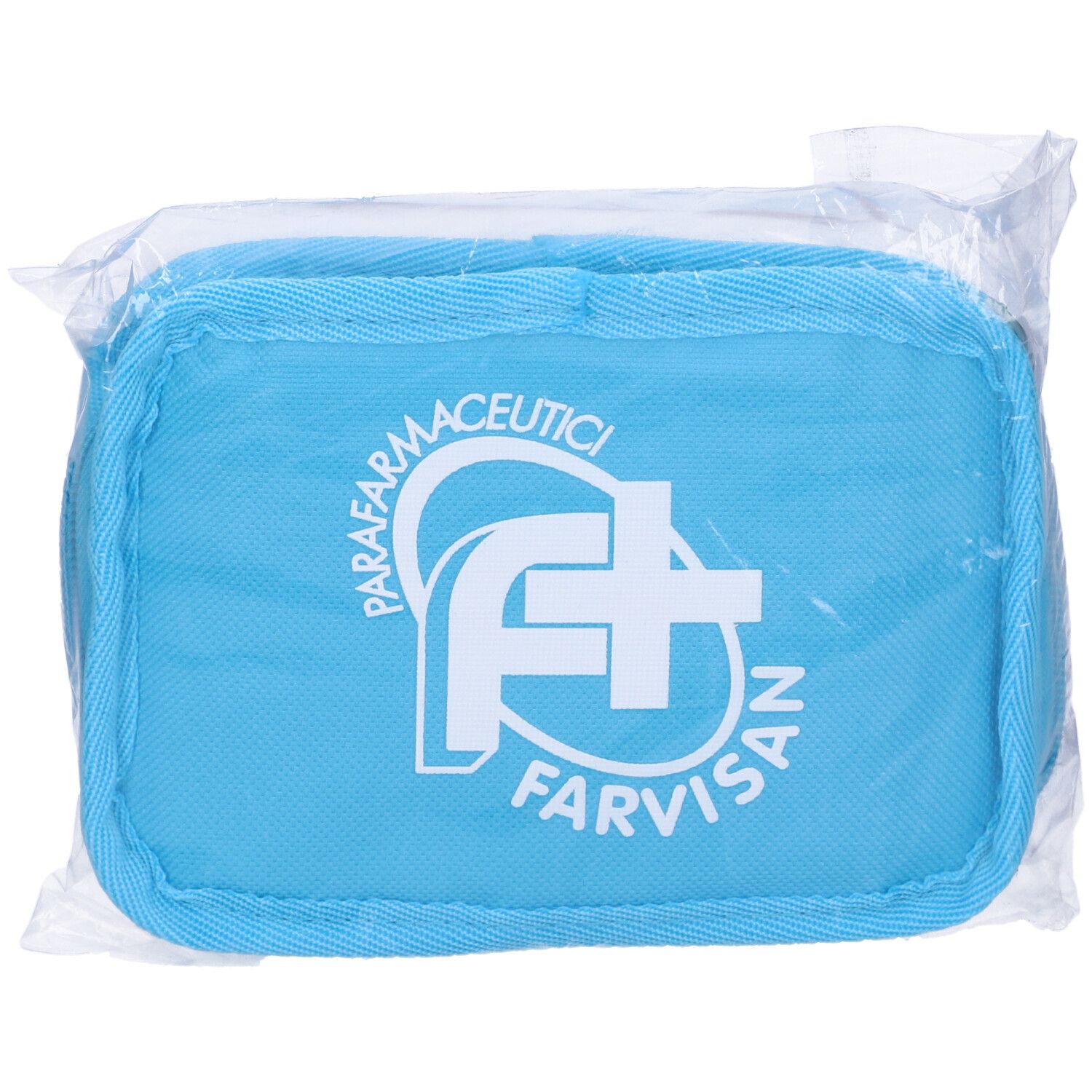 Borsetta termica blu rettangolare in confezione di plastica. Logo: FARVISAN, Parafarmaceutici.