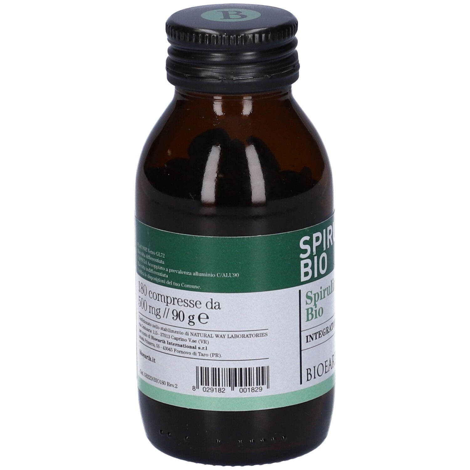 Flacone di vetro marrone con tappo nero. Etichetta con nome del prodotto, marchio e sigillo bio. Logo vegano.