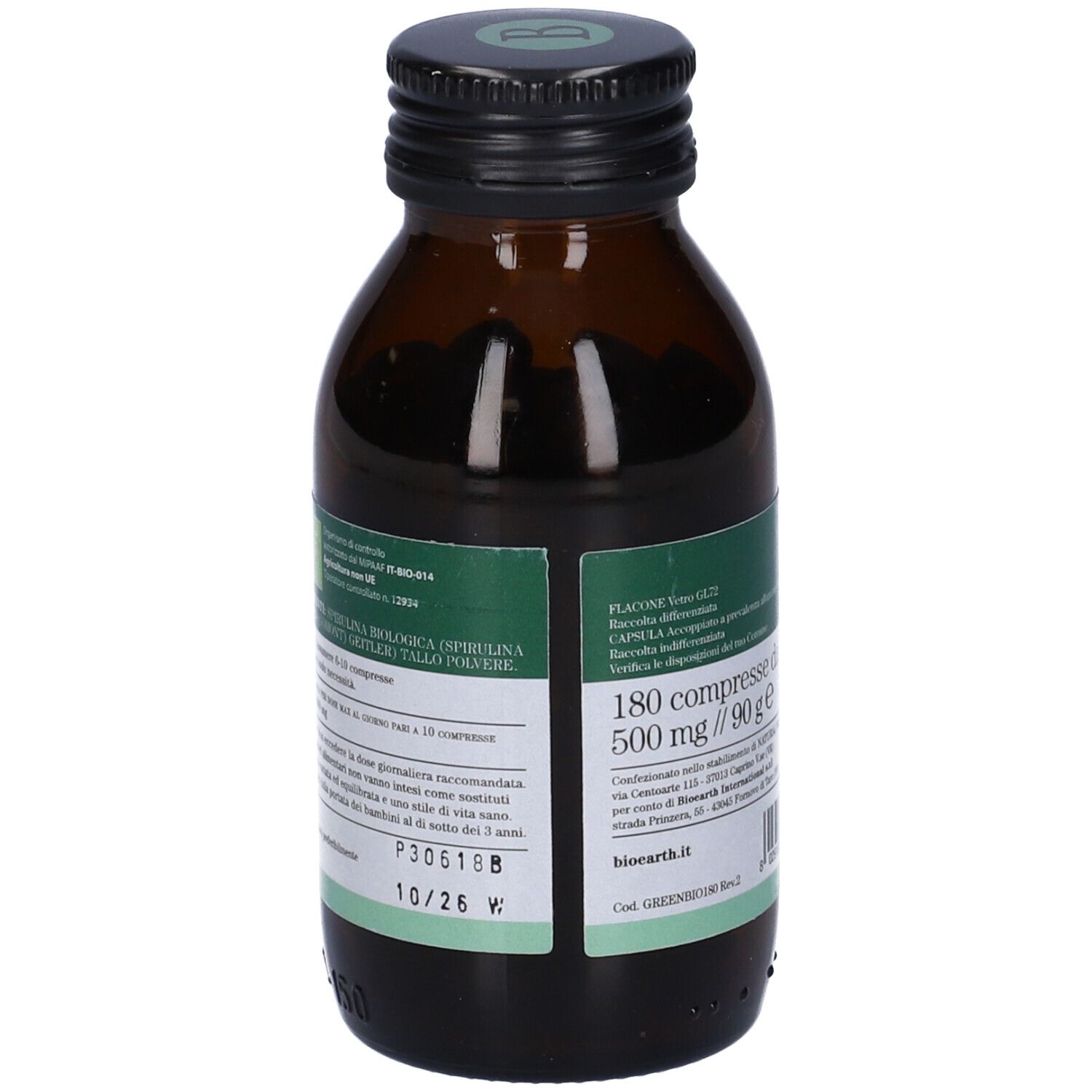 Flacone di vetro marrone con tappo nero. Etichetta con nome del prodotto, marchio e sigillo bio. Logo vegano.