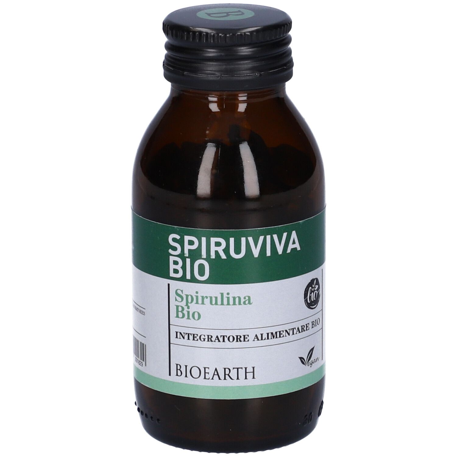 Flacone di vetro marrone con tappo nero. Etichetta con nome del prodotto, marchio e sigillo bio. Logo vegano.