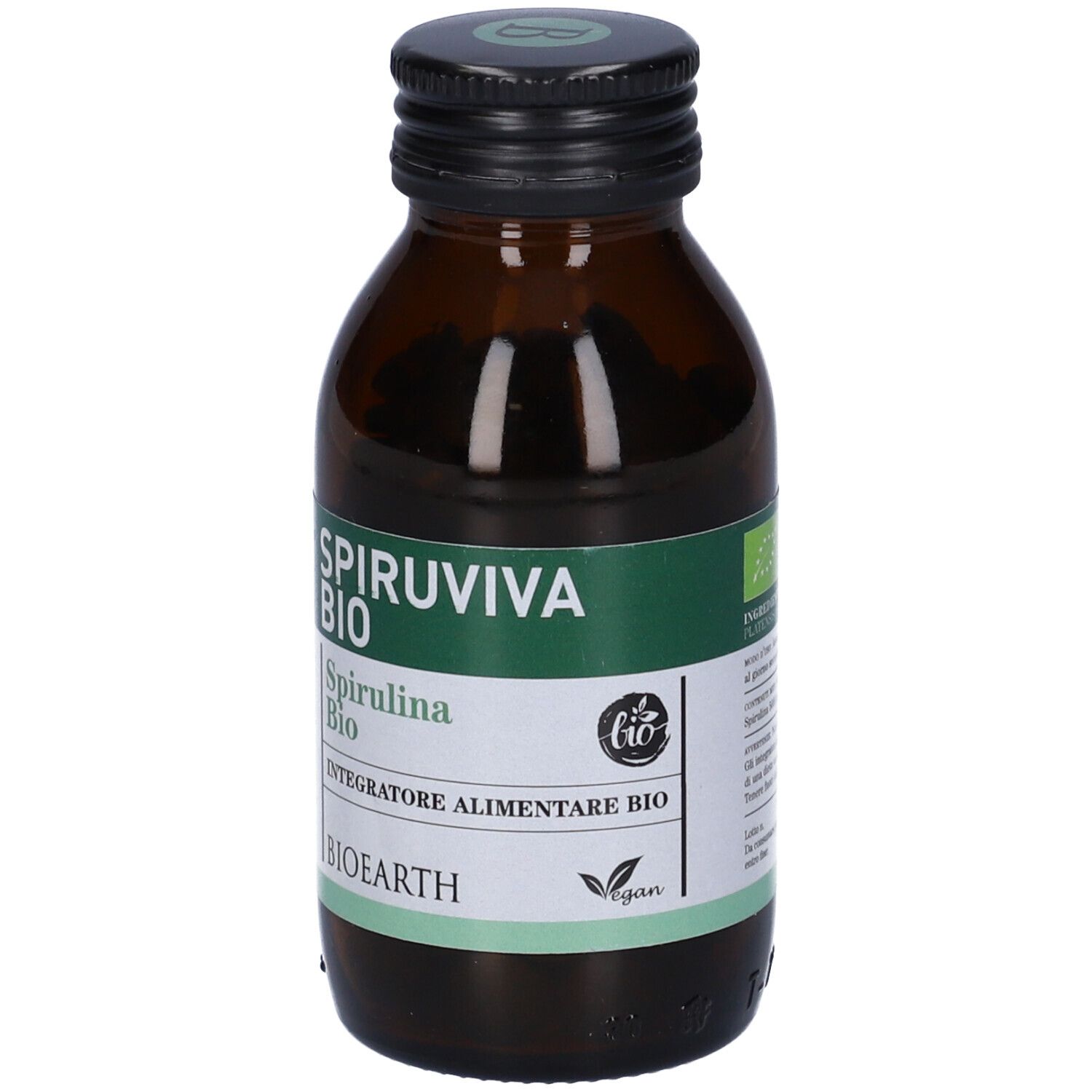Flacone di vetro marrone con tappo nero. Etichetta con nome del prodotto, marchio e sigillo bio. Logo vegano.