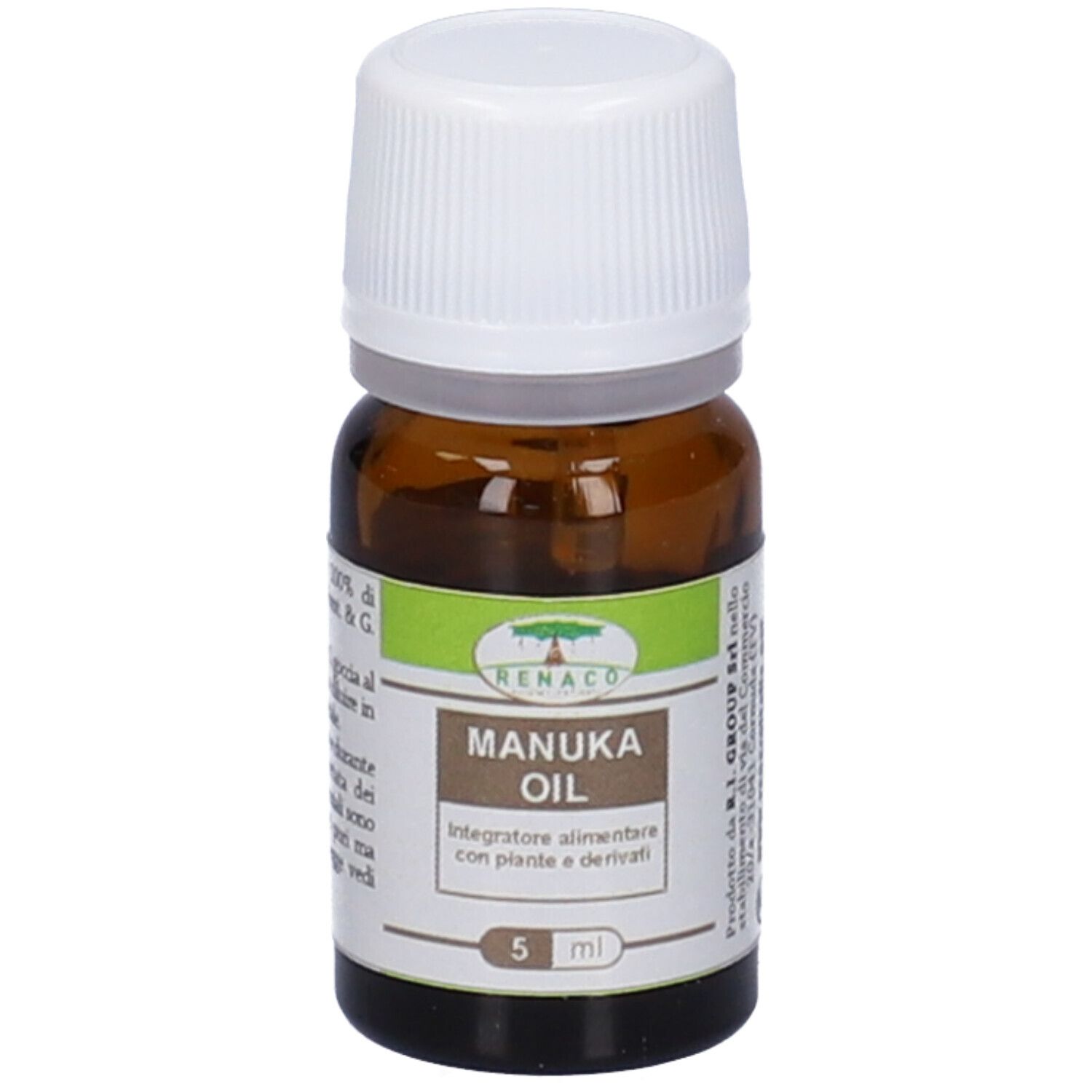 Braune Glasflasche mit weißem Deckel. Aufschrift: Manuka Oil, 5 ml. Marke: Renaco.