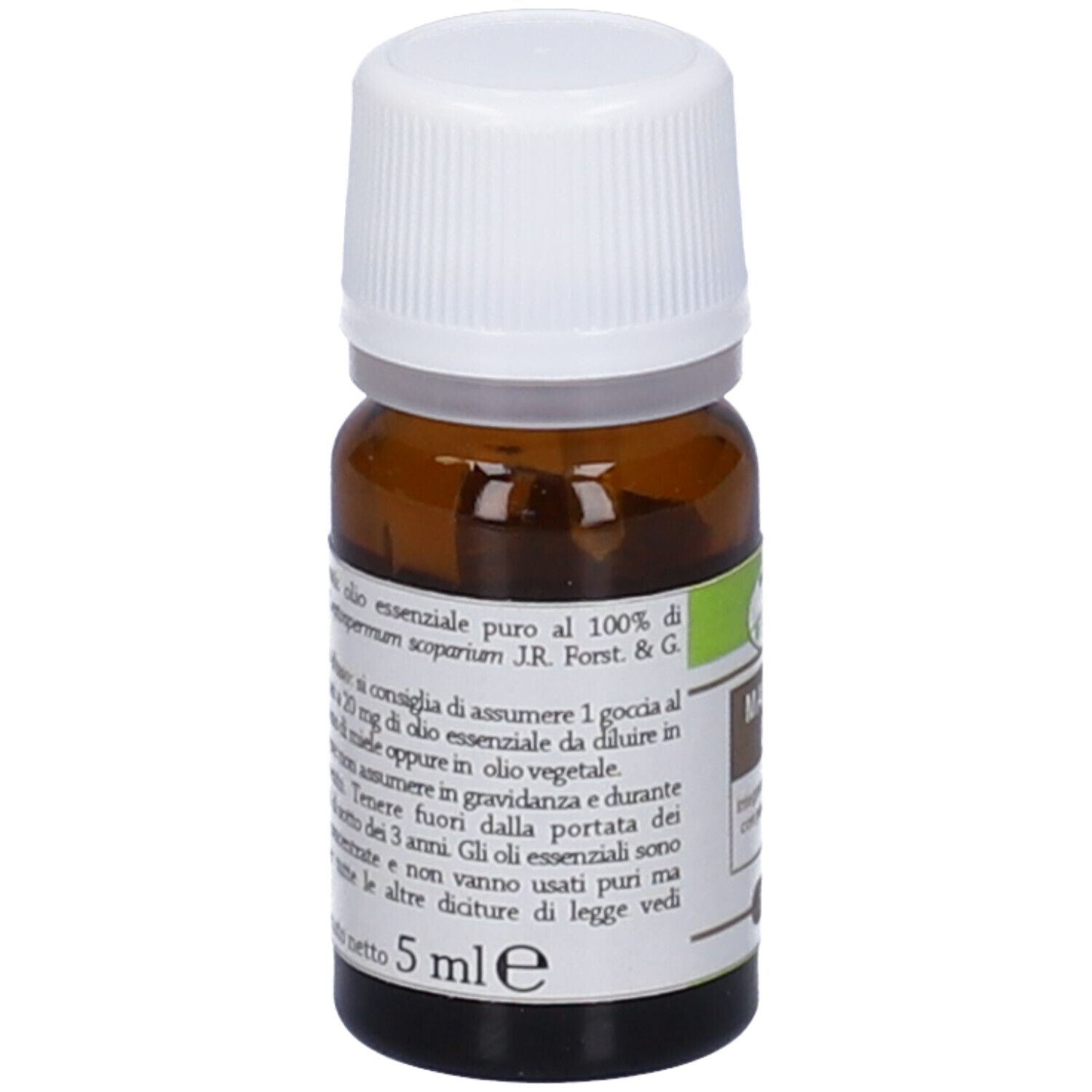 Braune Glasflasche mit weißem Deckel. Aufschrift: Manuka Oil, 5 ml. Text auf Italienisch.